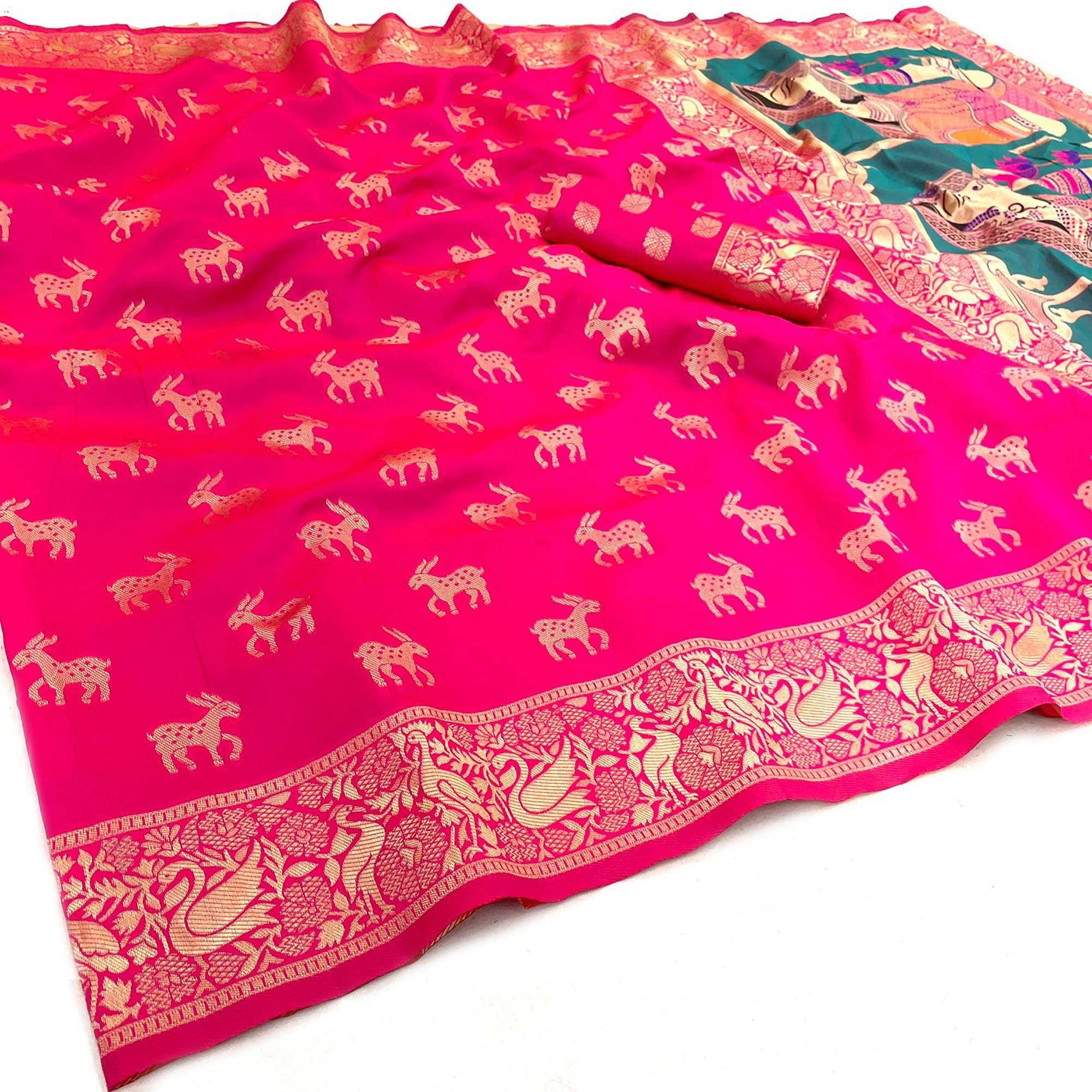 Pink Festive Wear Woven Banarasi Silk Saree - Peachmode