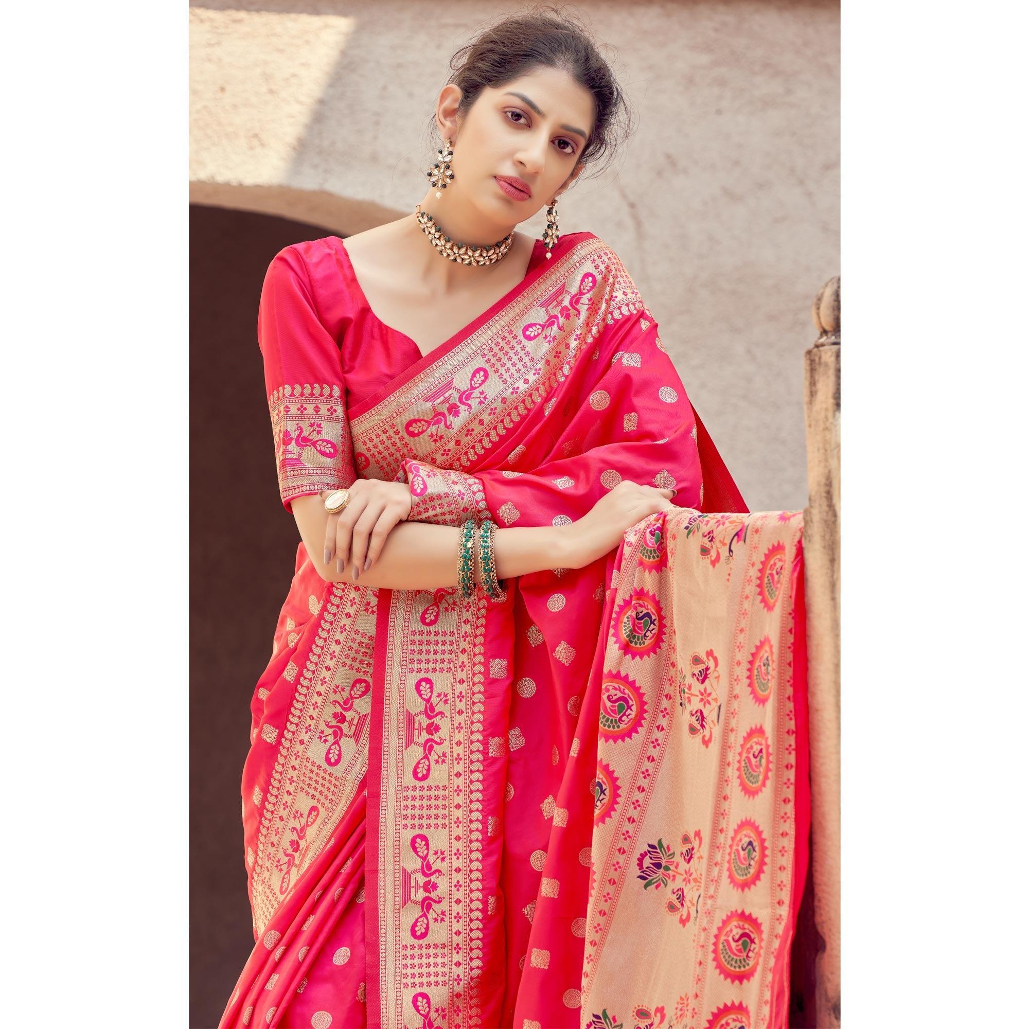 Pink Festive Wear Woven Banarasi Silk Saree - Peachmode