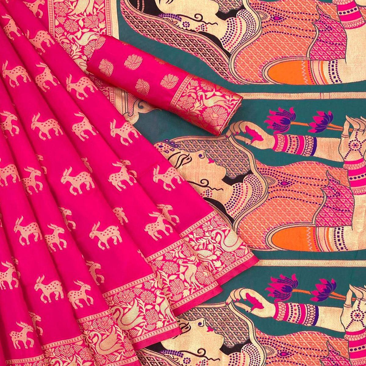 Pink Festive Wear Woven Banarasi Silk Saree - Peachmode