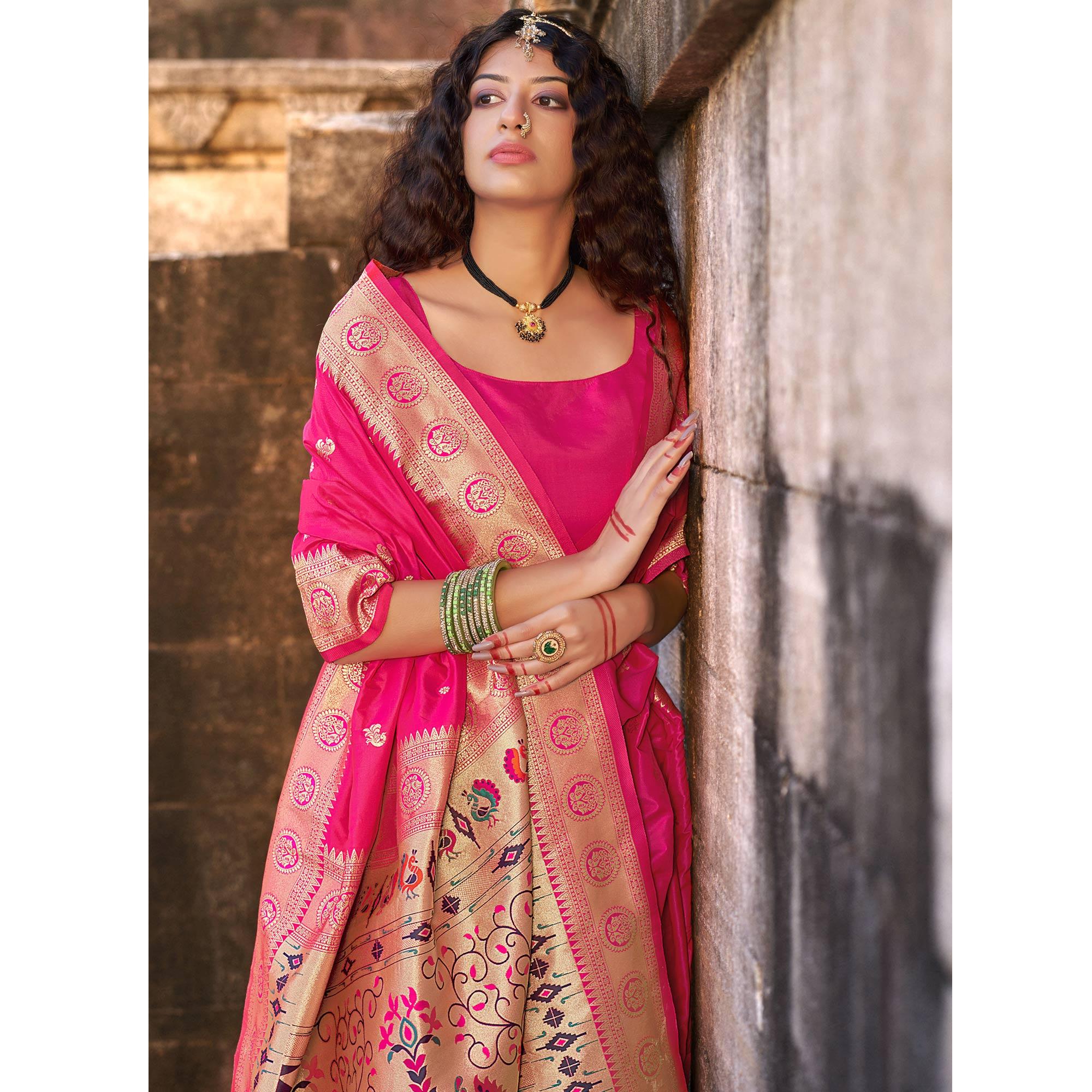 Pink Festive Wear Woven Banarasi Silk Saree - Peachmode