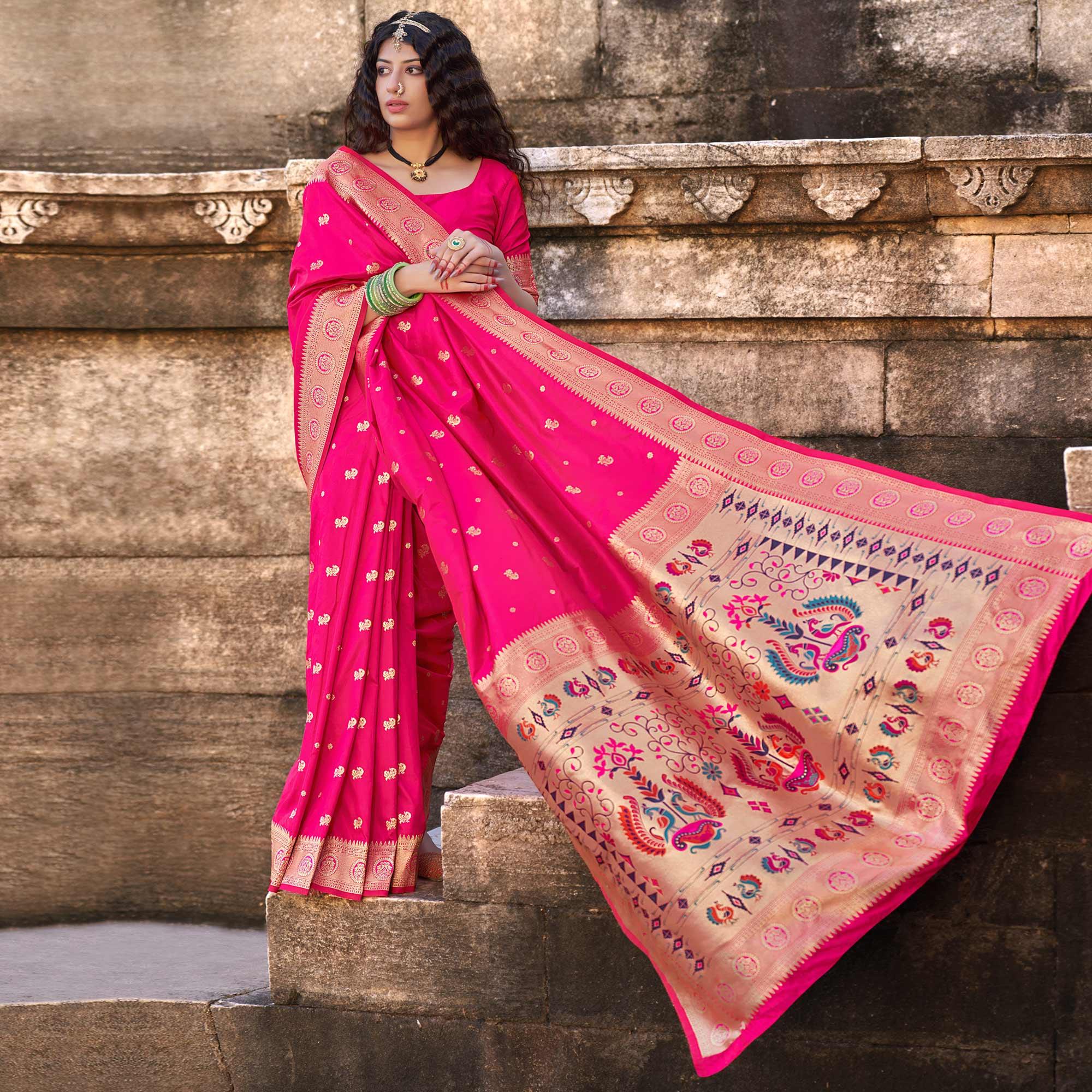 Pink Festive Wear Woven Banarasi Silk Saree - Peachmode