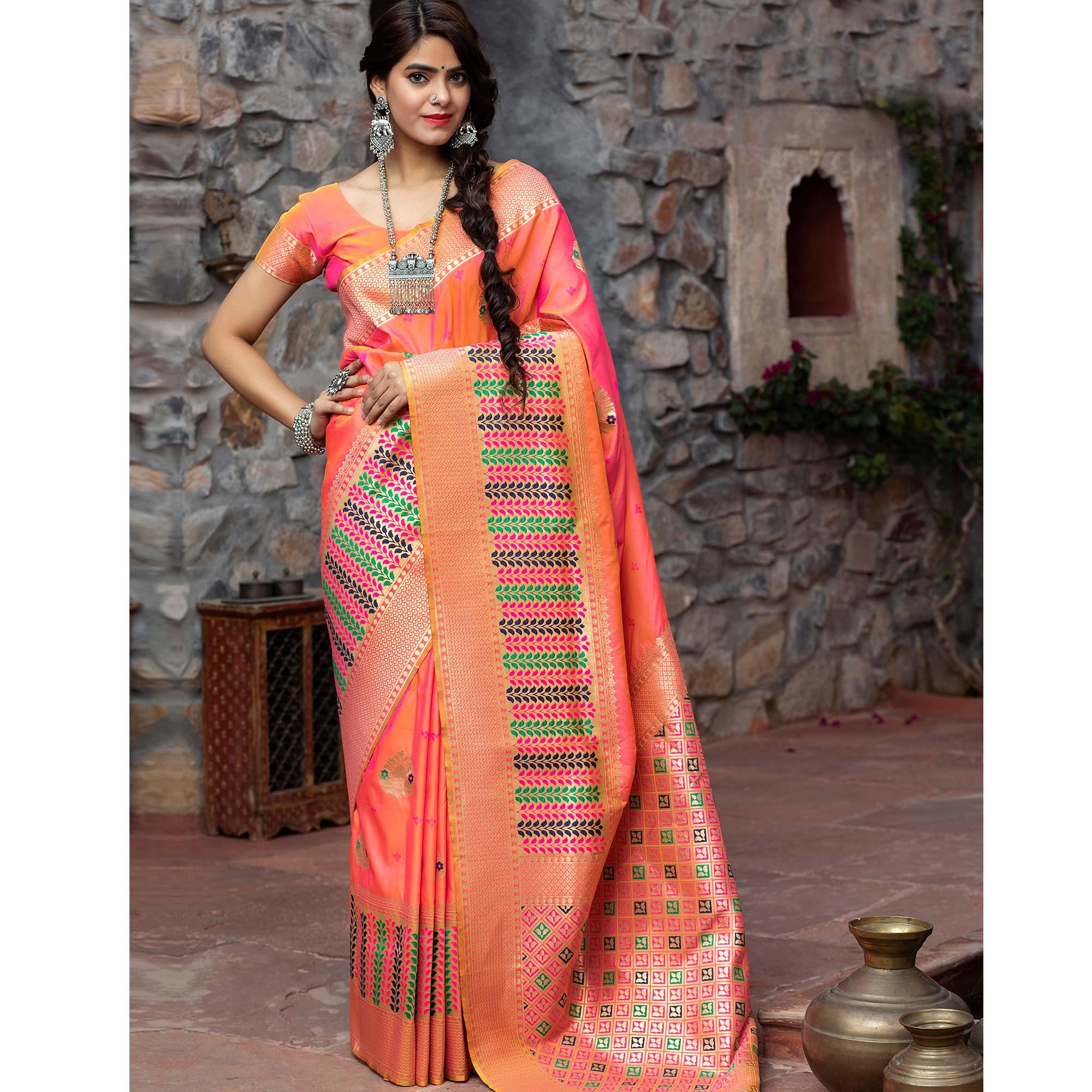 Pink Festive Wear Woven Banarasi Silk Saree - Peachmode
