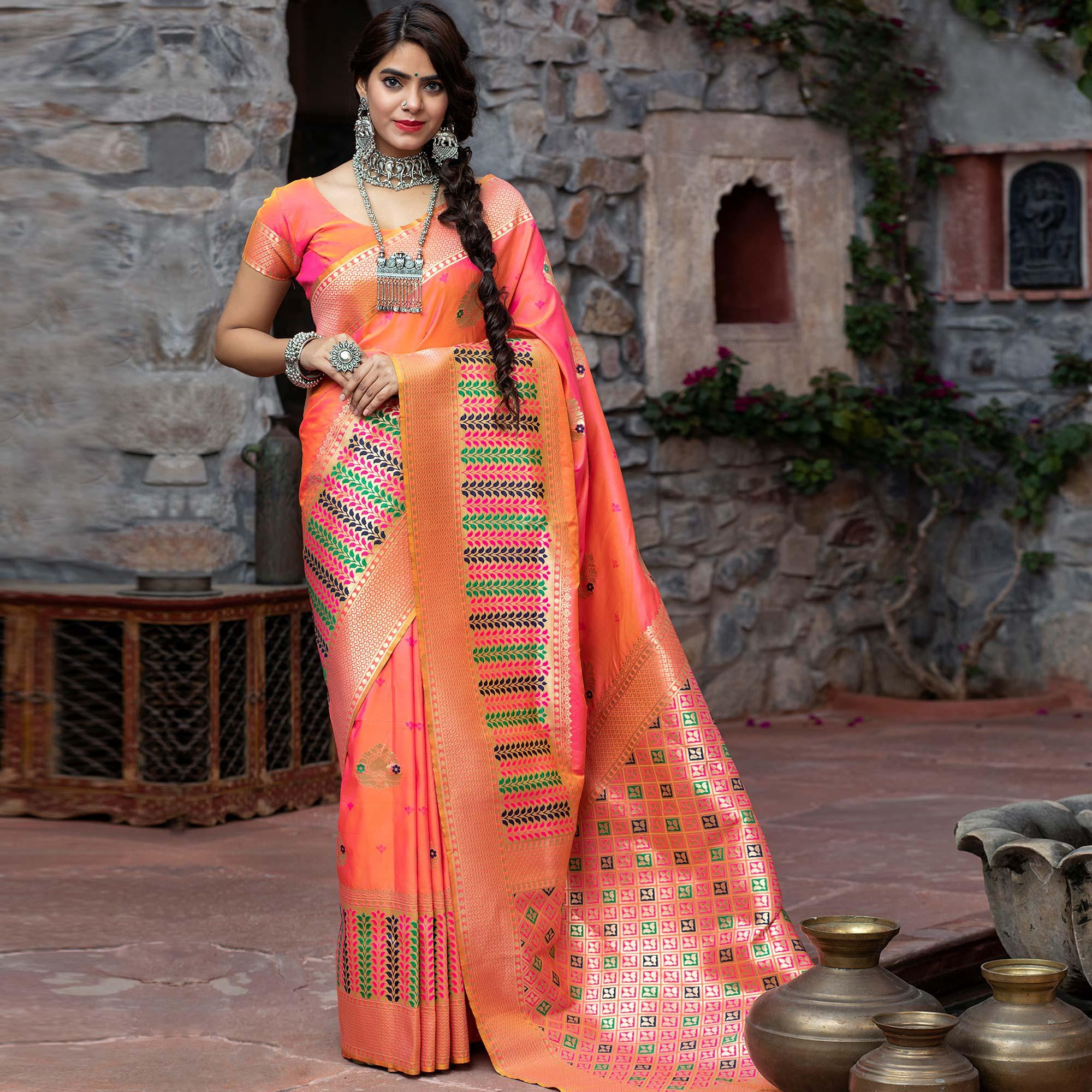 Pink Festive Wear Woven Banarasi Silk Saree - Peachmode