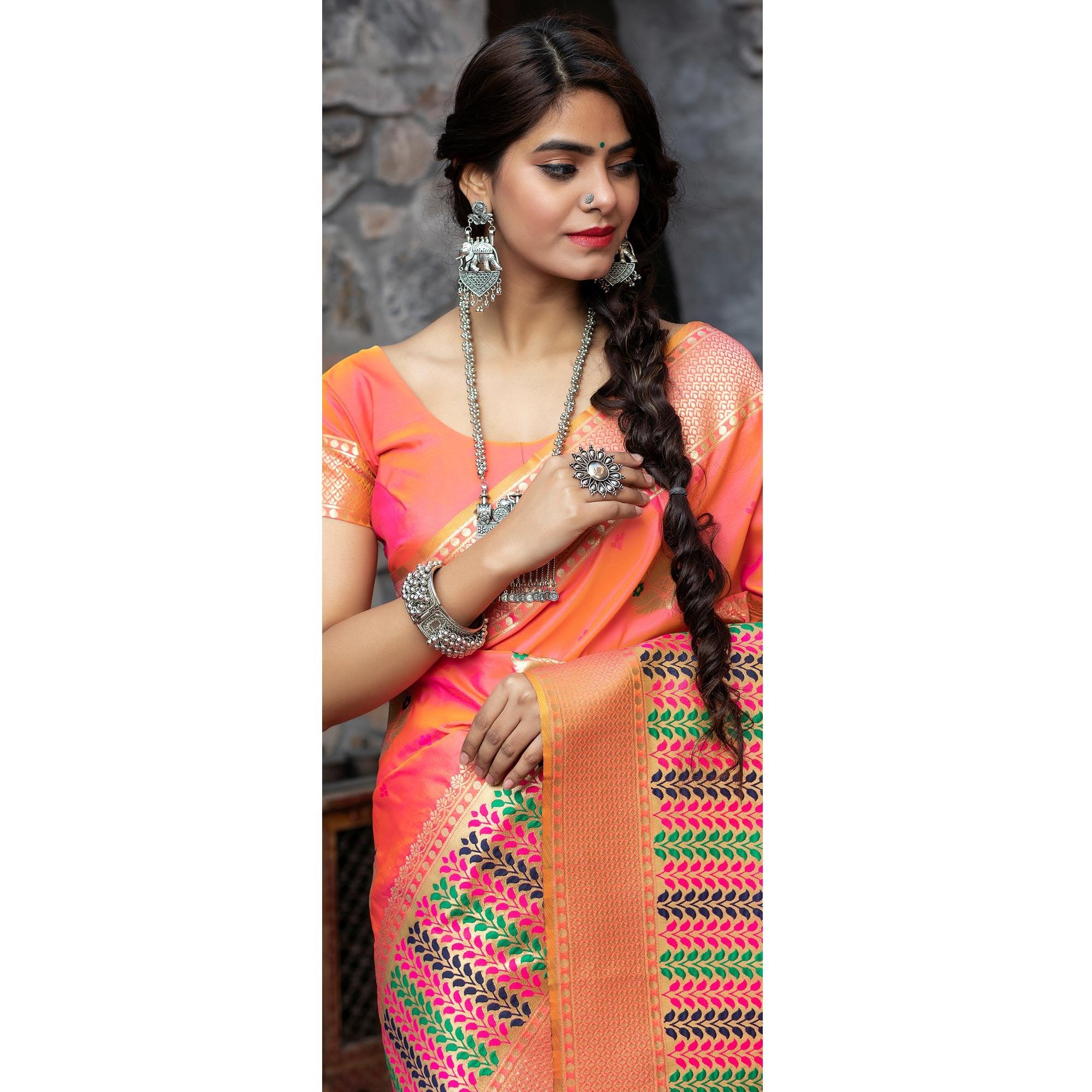 Pink Festive Wear Woven Banarasi Silk Saree - Peachmode