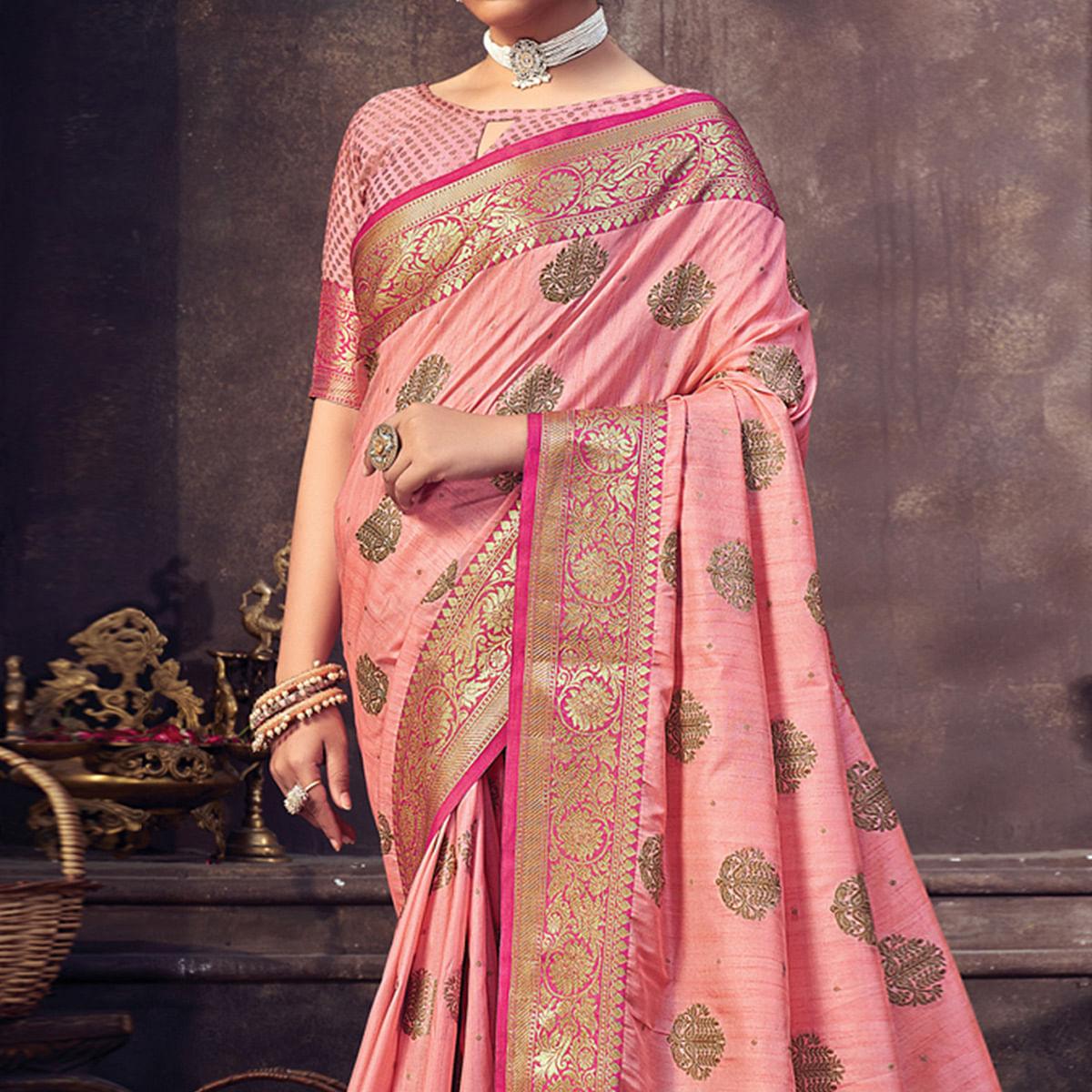 Pink Festive Wear Woven Banarasi Silk Saree With Tassels - Peachmode