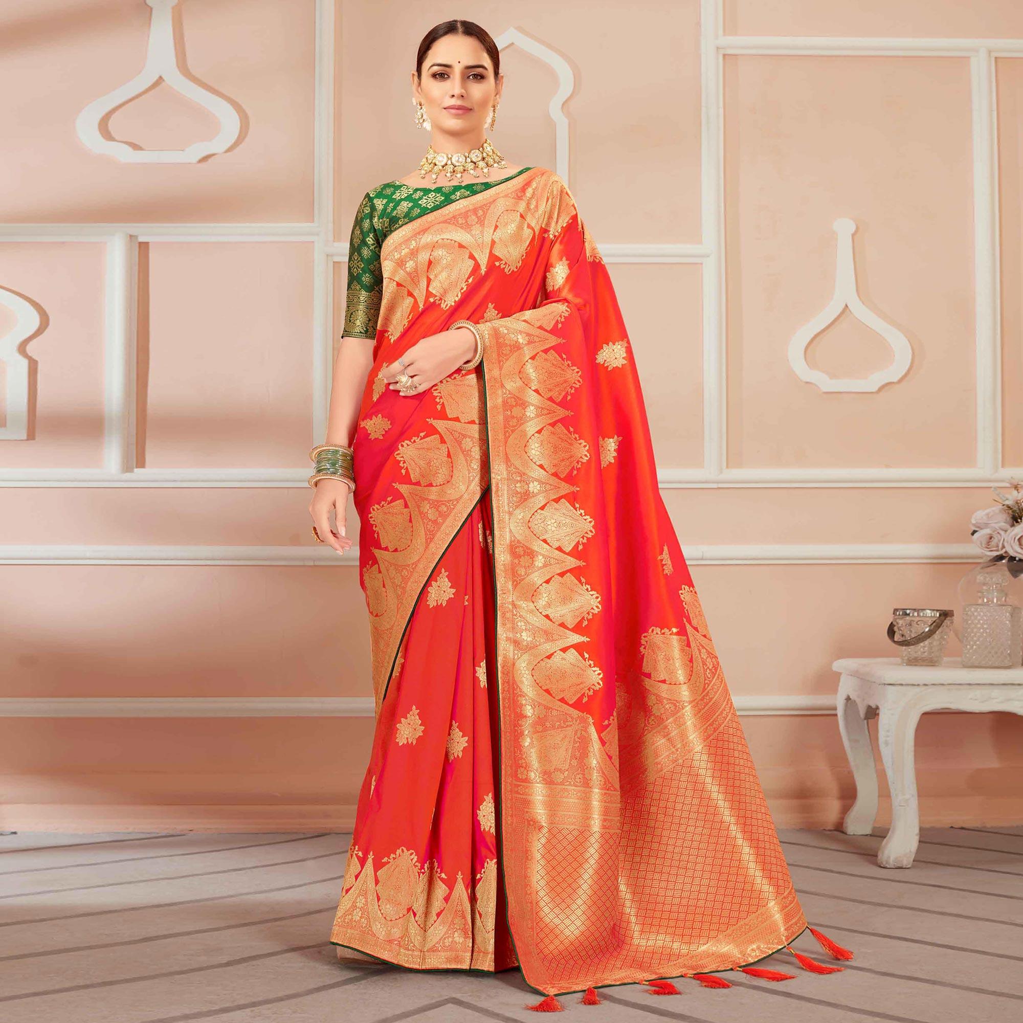 Pink Festive Wear Woven Banarasi Silk Saree With Tassels - Peachmode