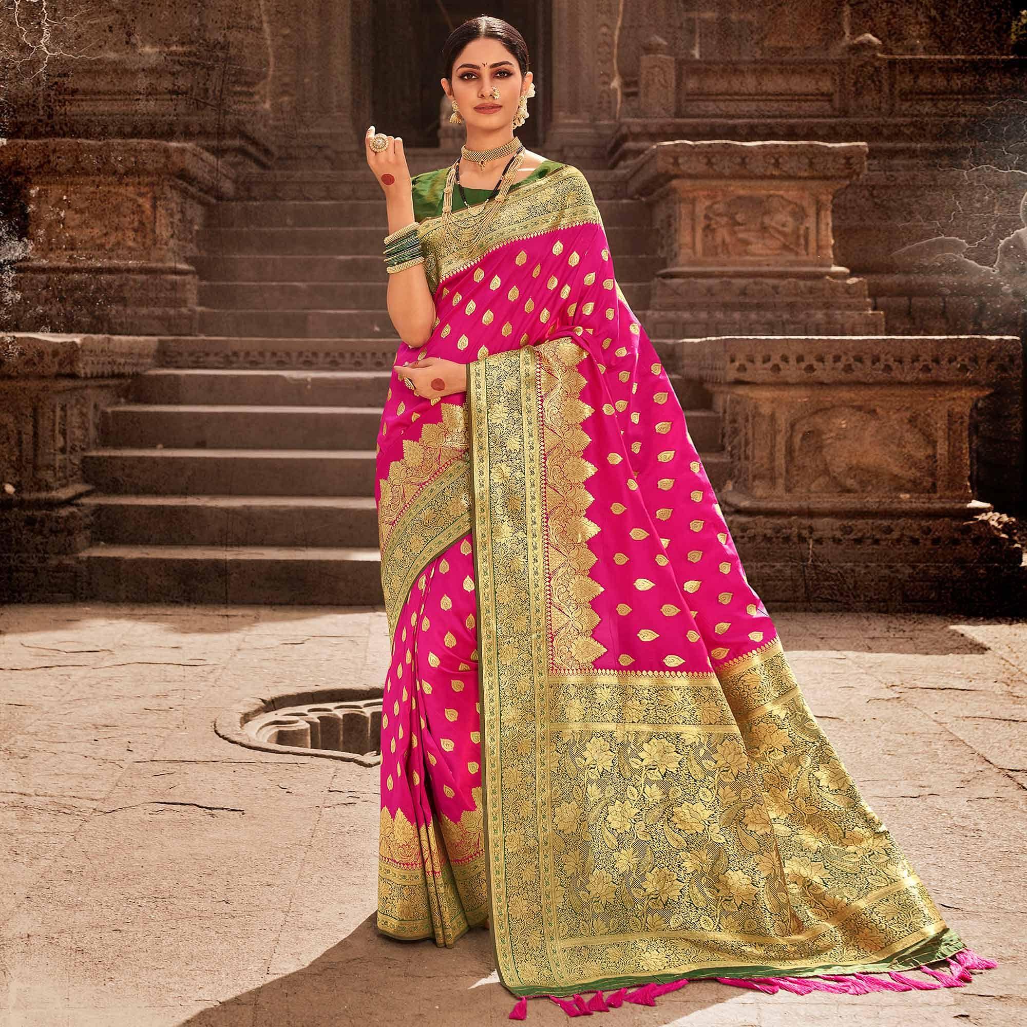 Pink Festive Wear Woven Banarasi Silk Saree With Zari Border Pallu - Peachmode