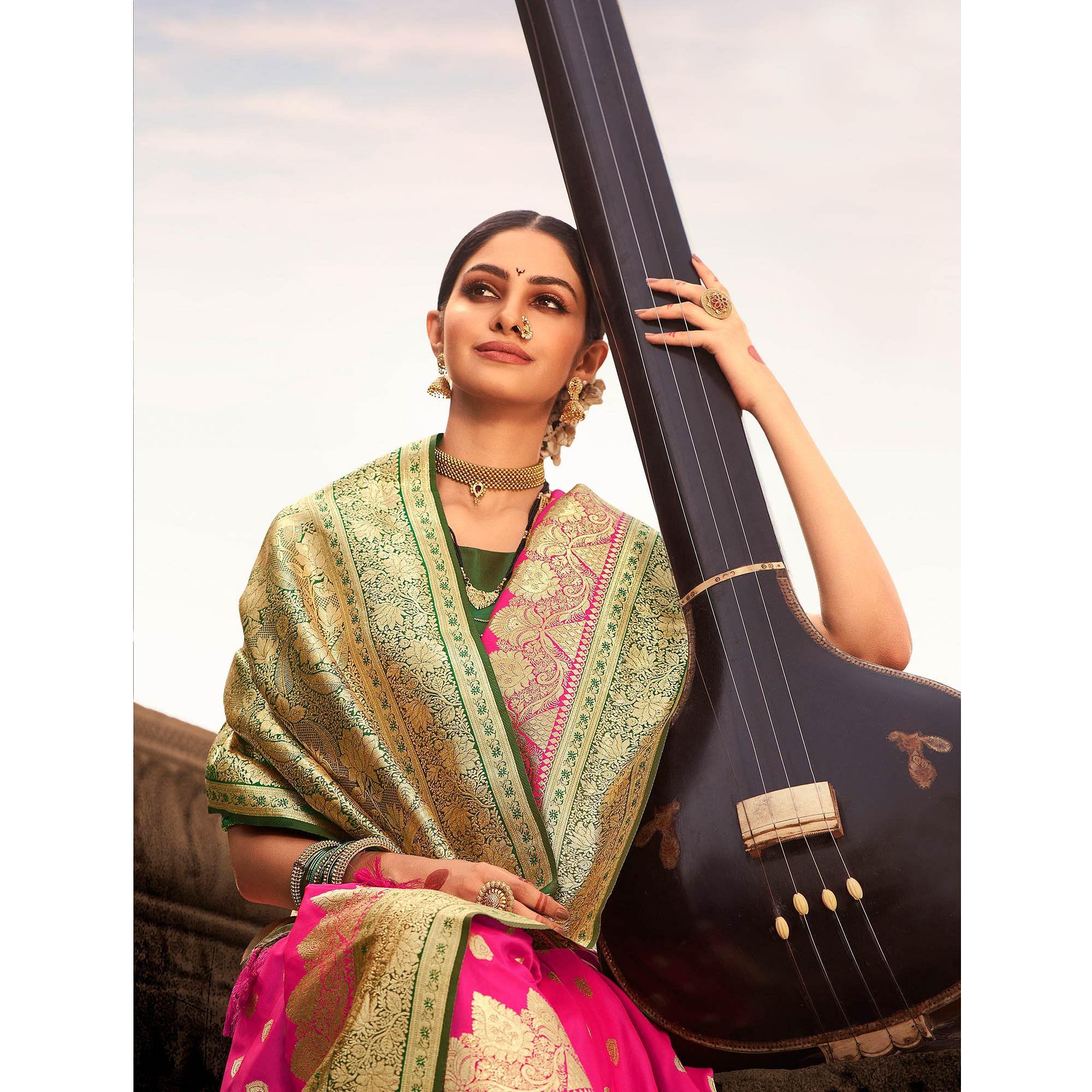 Pink Festive Wear Woven Banarasi Silk Saree With Zari Border Pallu - Peachmode