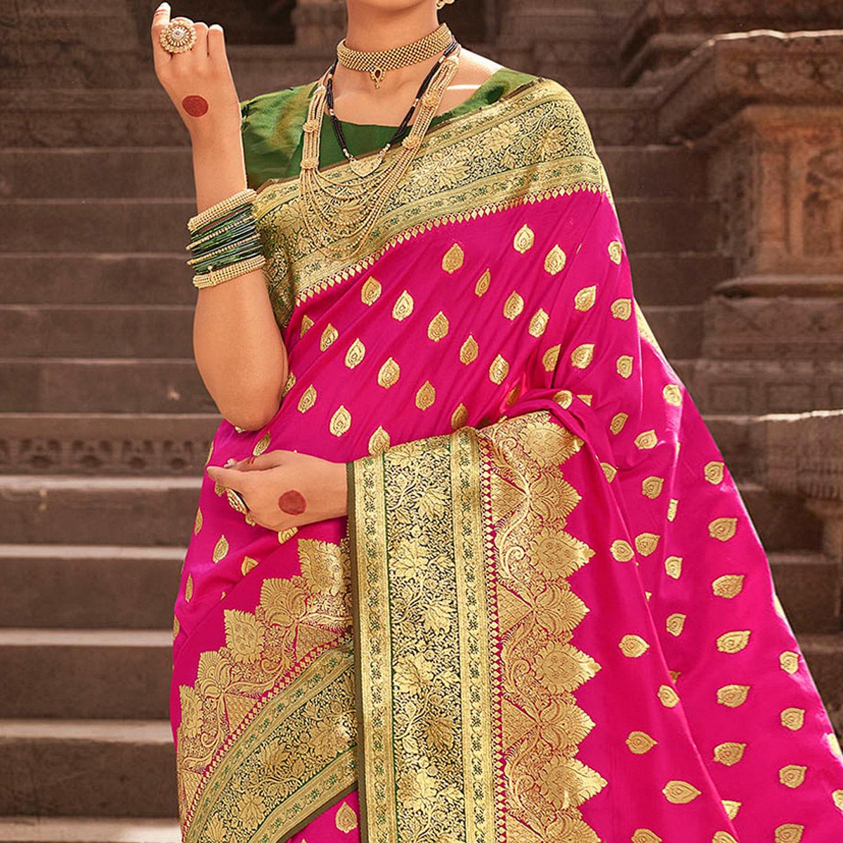 Pink Festive Wear Woven Banarasi Silk Saree With Zari Border Pallu - Peachmode