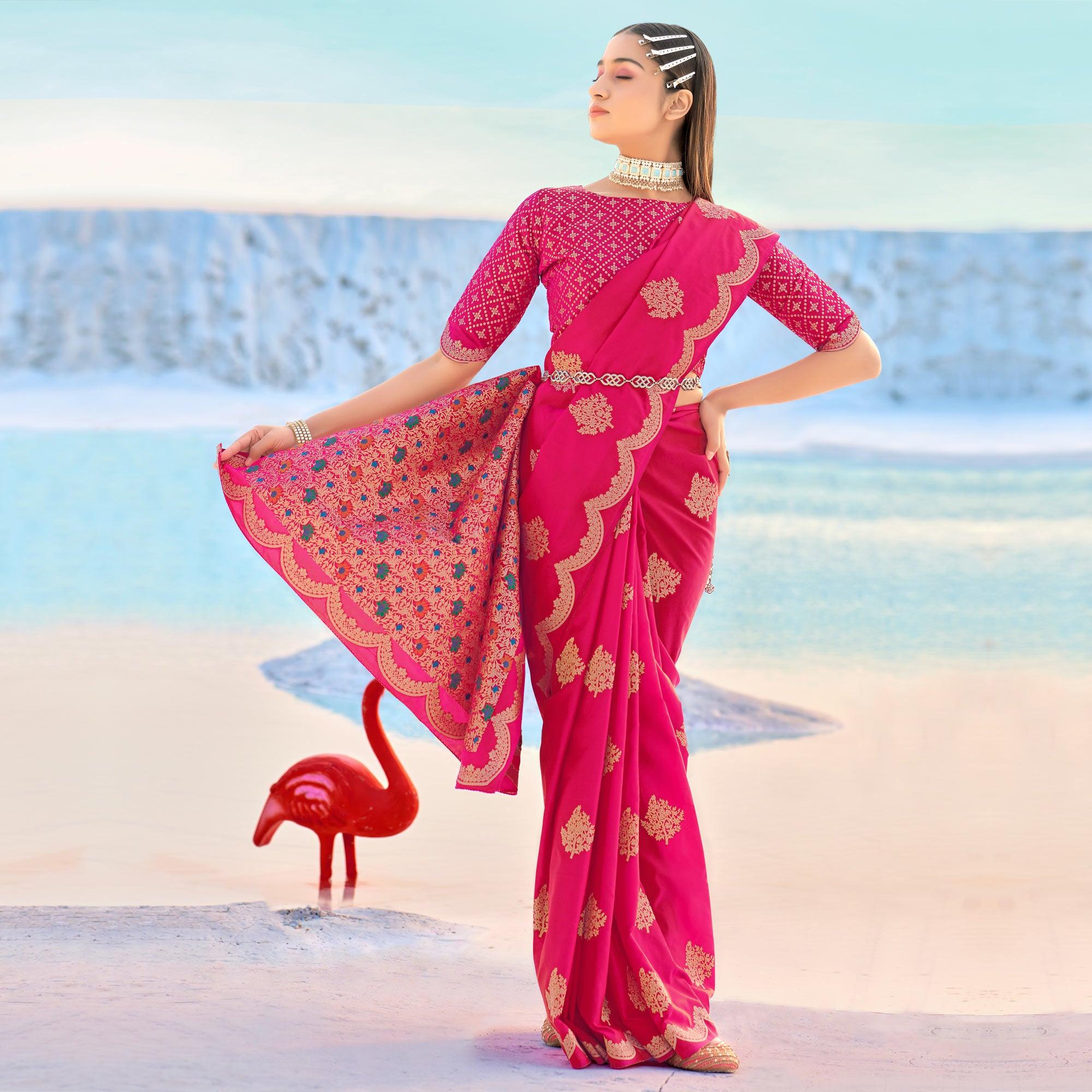 Pink Festive Wear Woven Banarasi Soft Silk Saree - Peachmode