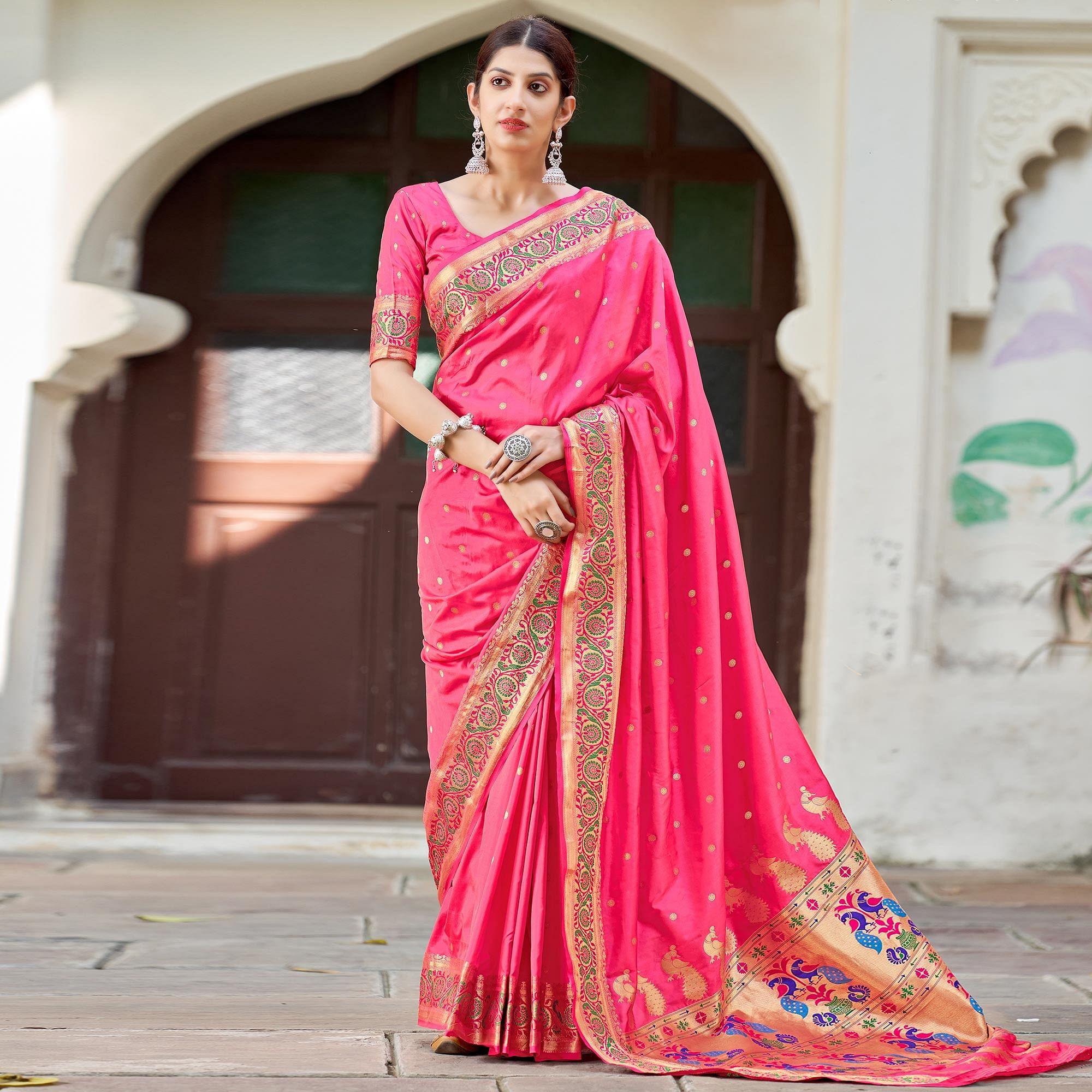 Pink Festive Wear Woven Banarasi Soft Silk Saree - Peachmode