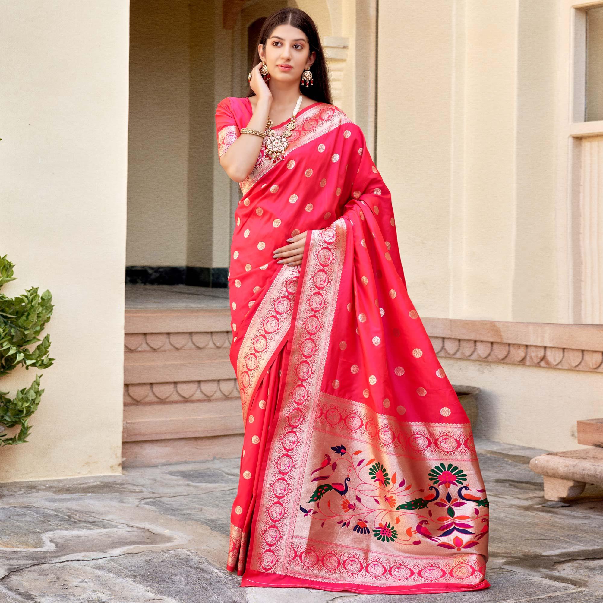 Pink Festive Wear Woven Banarasi Soft Silk Saree - Peachmode