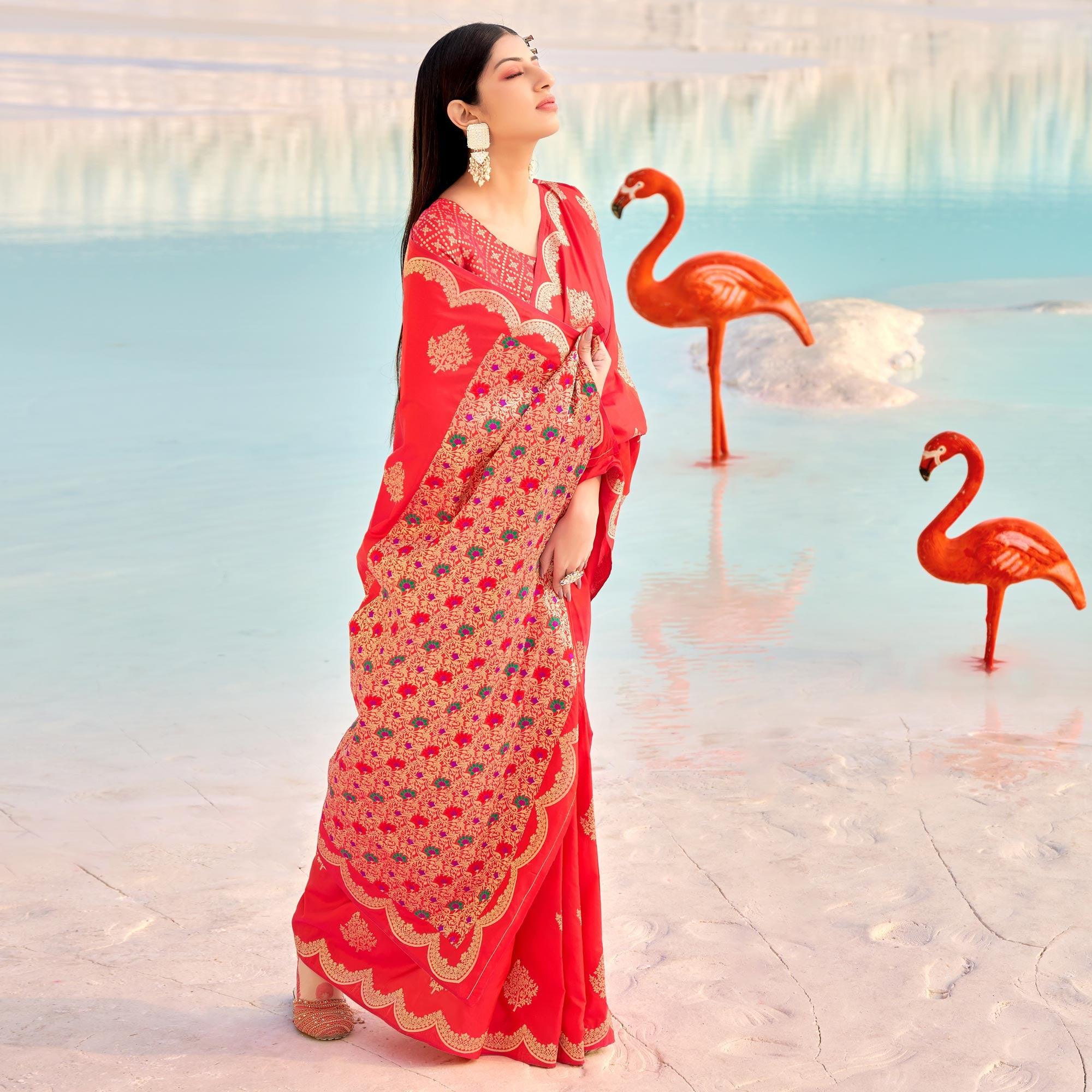 Pink Festive Wear Woven Banarasi Soft Silk Saree - Peachmode