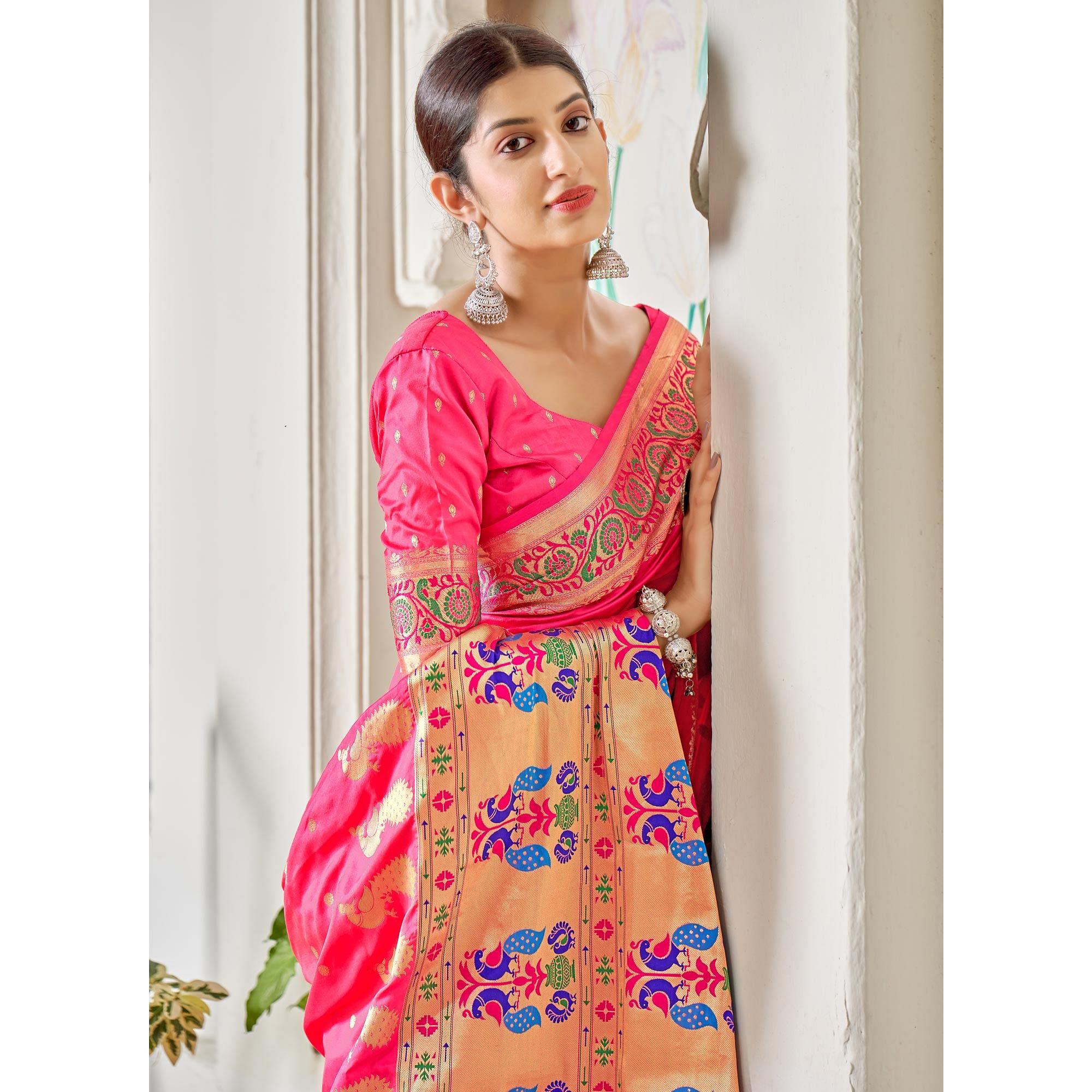 Pink Festive Wear Woven Banarasi Soft Silk Saree - Peachmode