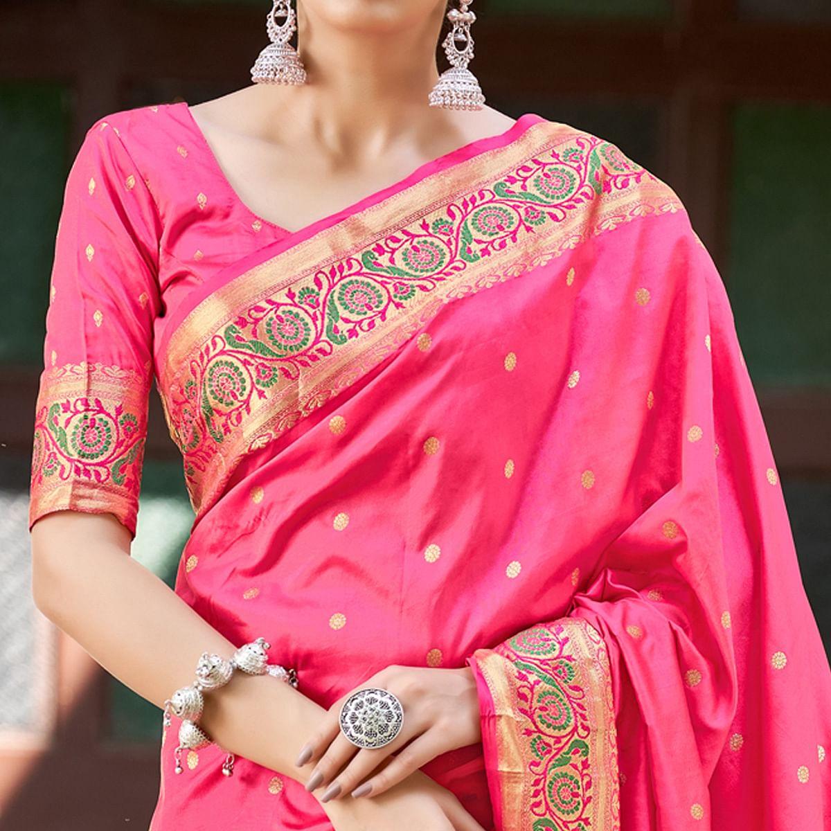 Pink Festive Wear Woven Banarasi Soft Silk Saree - Peachmode