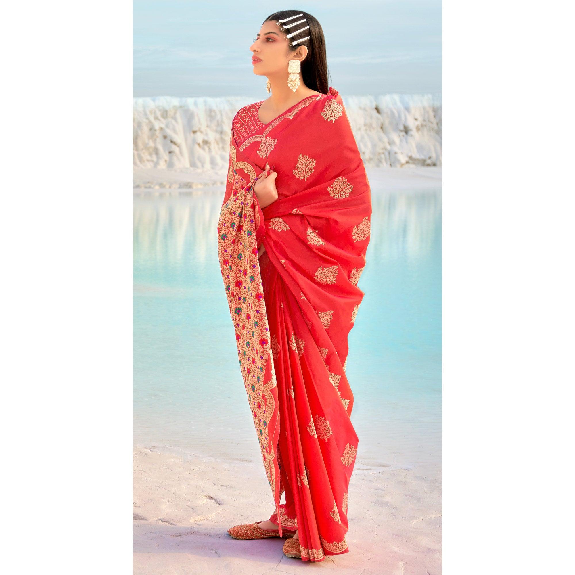 Pink Festive Wear Woven Banarasi Soft Silk Saree - Peachmode