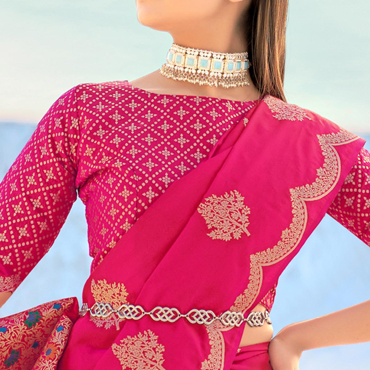 Pink Festive Wear Woven Banarasi Soft Silk Saree - Peachmode