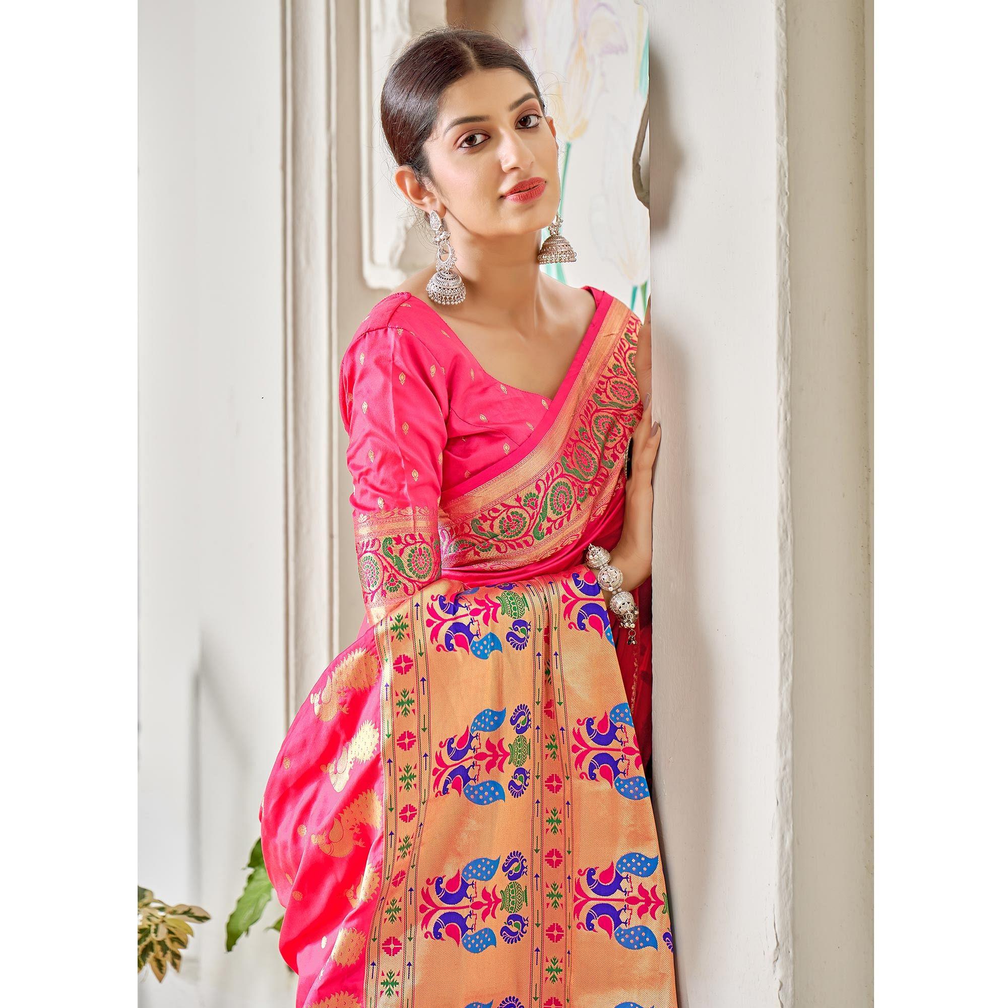 Pink Festive Wear Woven Banarasi Soft Silk Saree - Peachmode