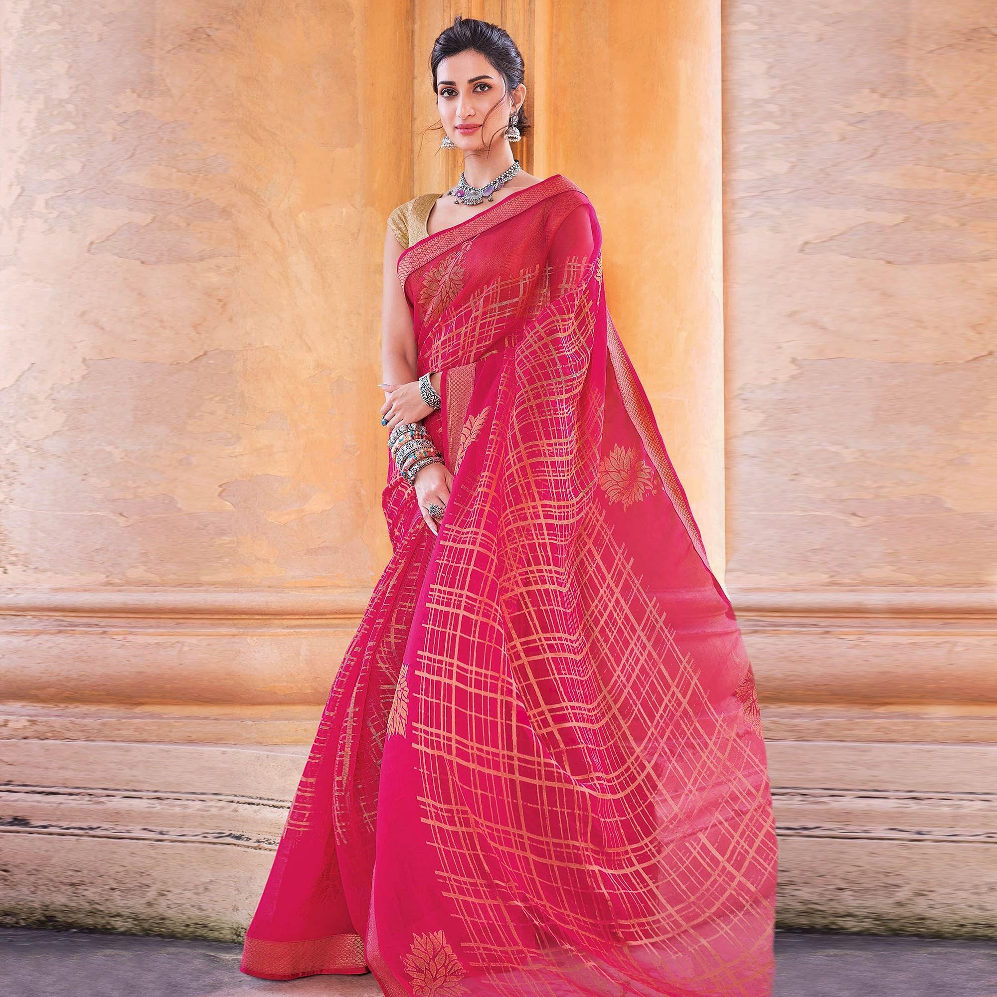Pink Festive Wear Woven Brasso Saree - Peachmode