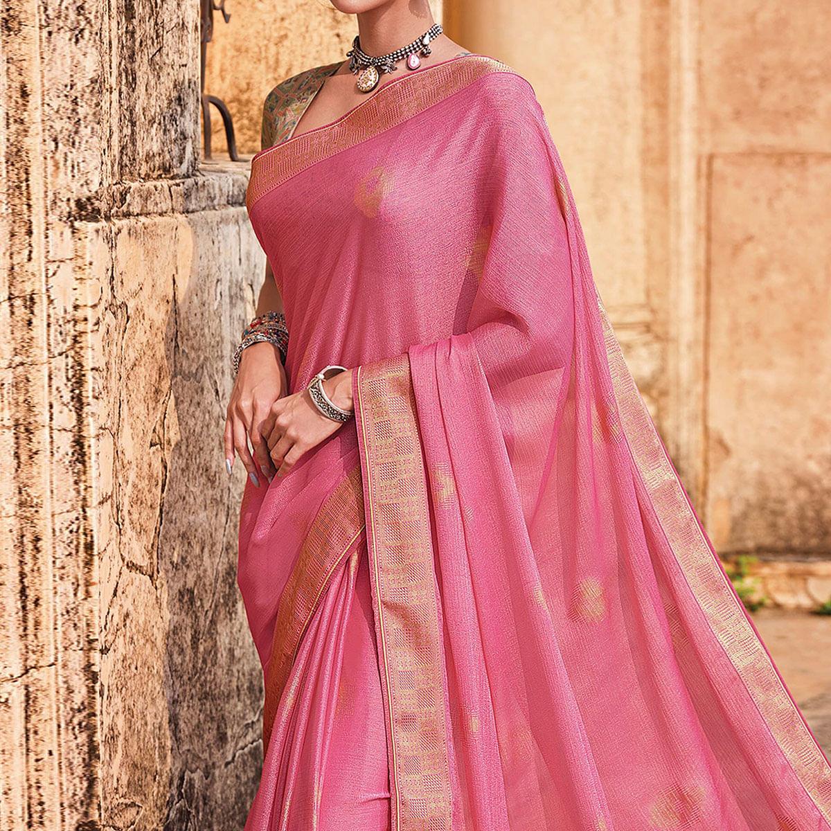 Pink Festive Wear Woven Brasso Saree - Peachmode