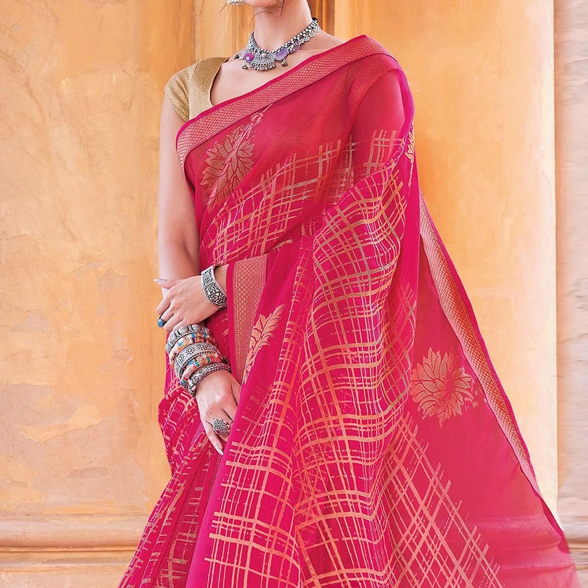 Pink Festive Wear Woven Brasso Saree - Peachmode