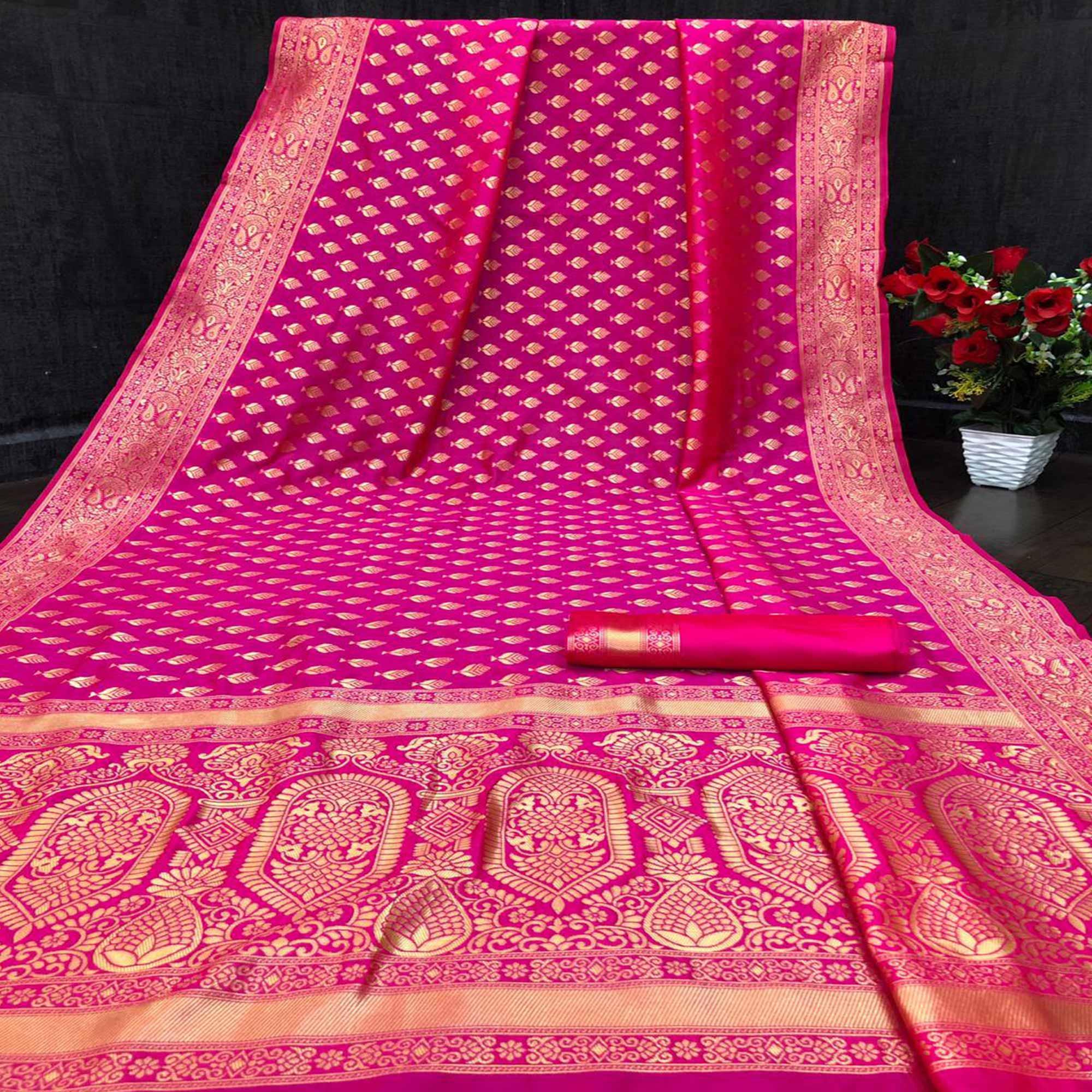Pink Festive Wear Woven Butti Designer Border Soft Lichi Silk Saree - Peachmode