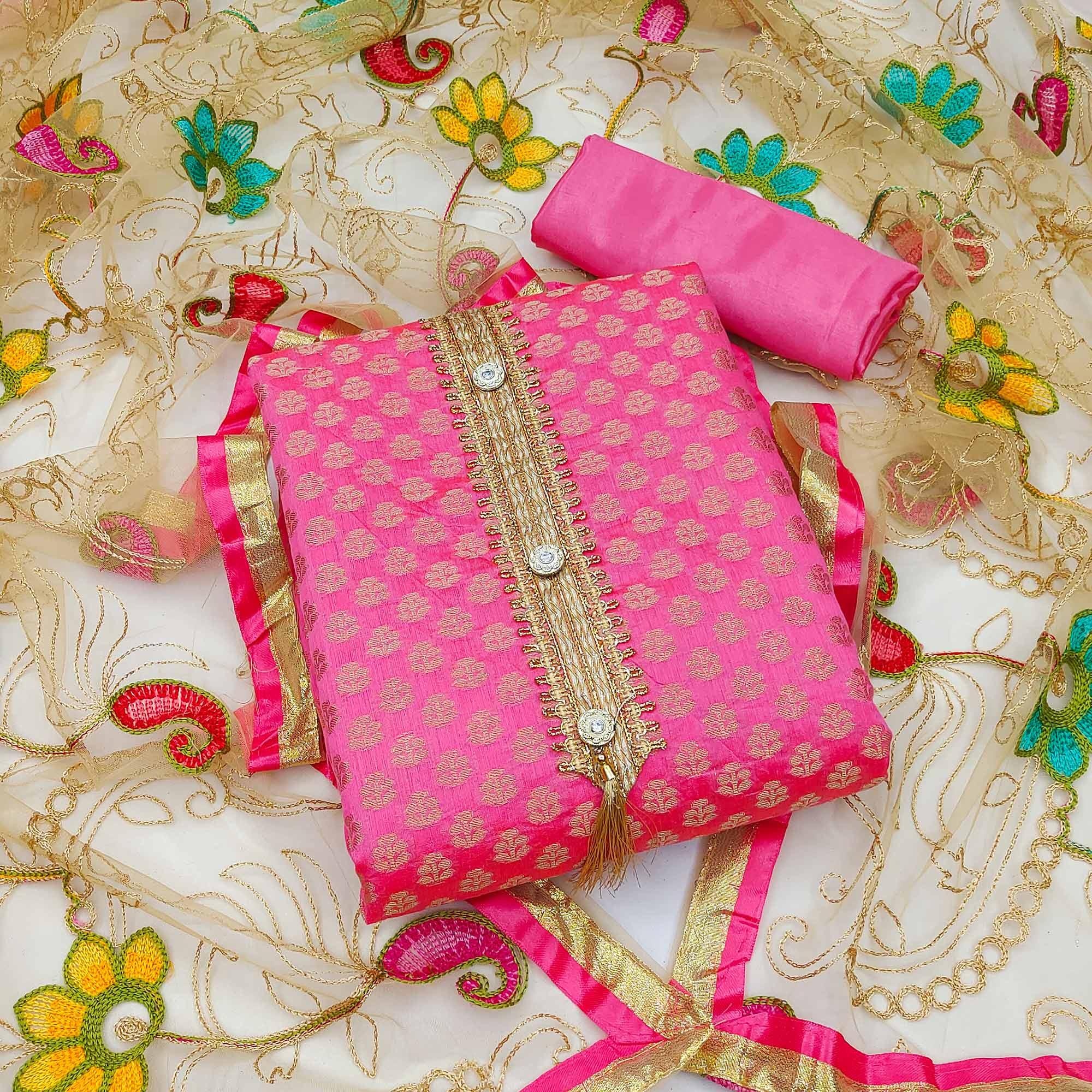 Pink Festive Wear Woven Chanderi Dress Material - Peachmode