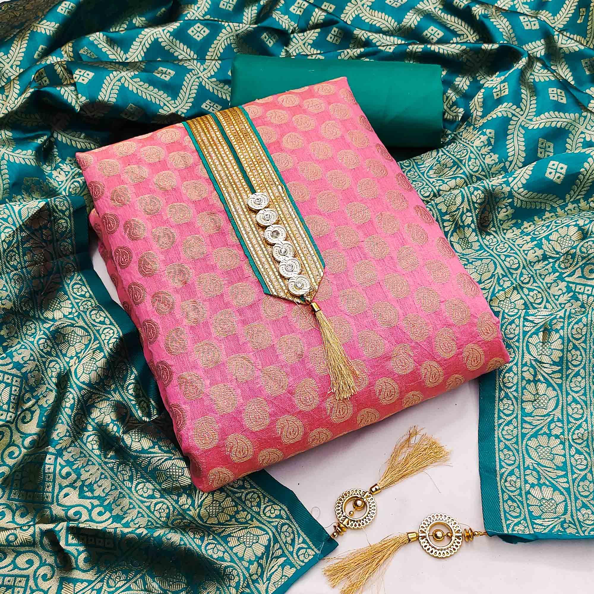 Pink Festive Wear Woven Chanderi Dress Material - Peachmode