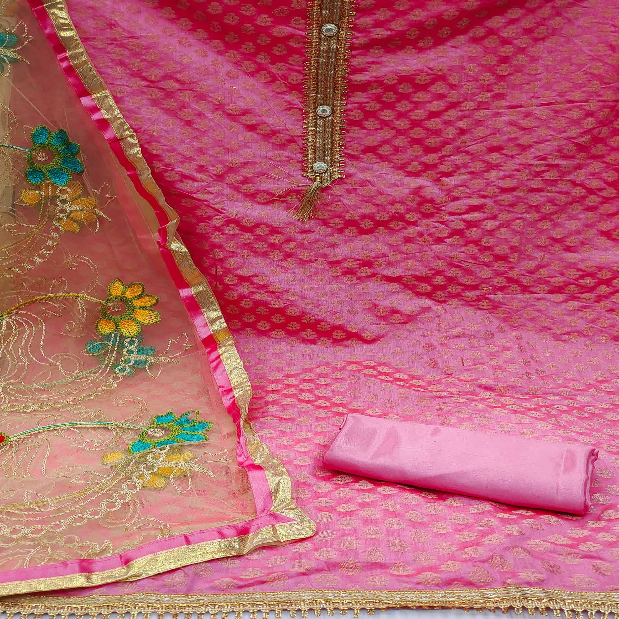 Pink Festive Wear Woven Chanderi Dress Material - Peachmode