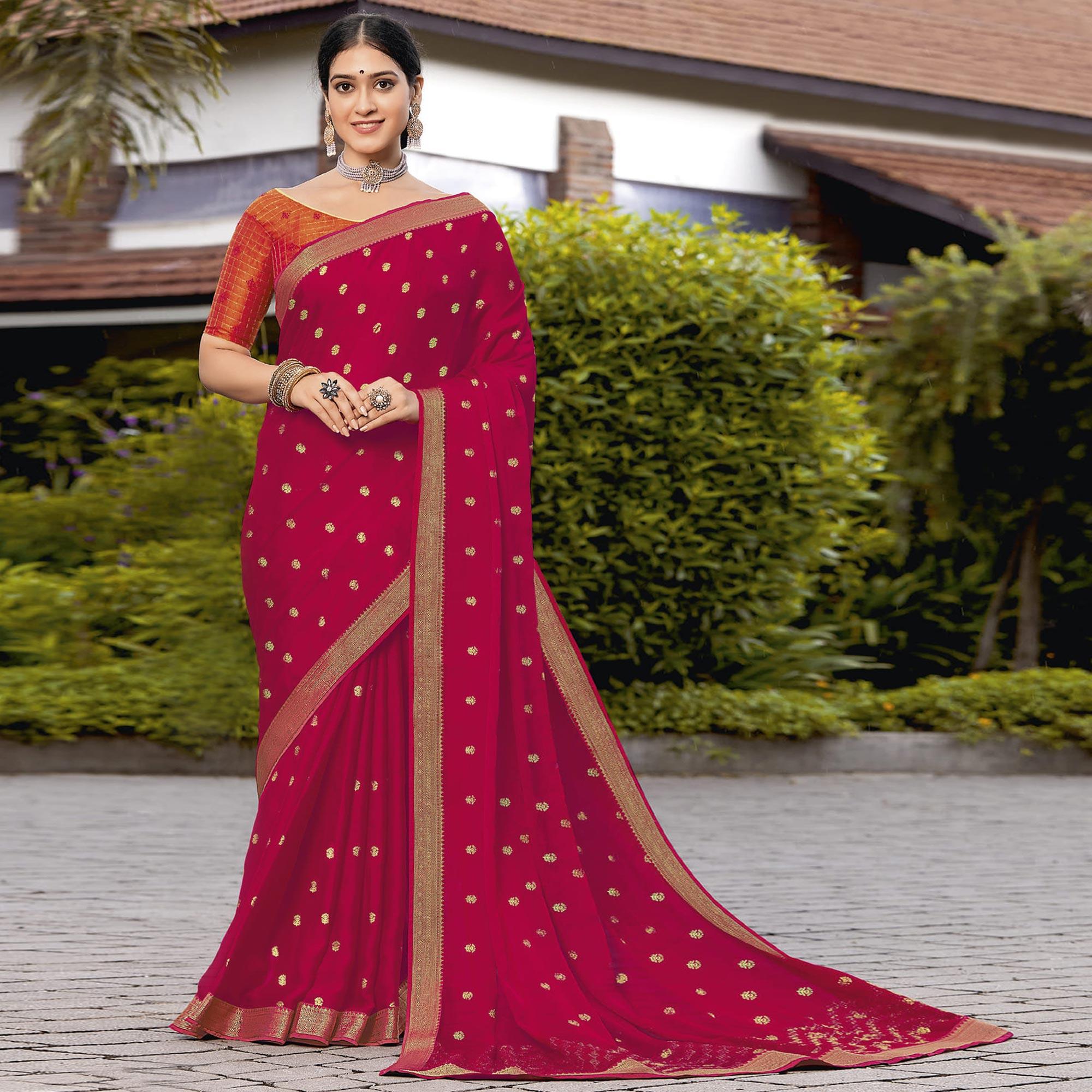 Pink Festive Wear Woven Chiffon Saree - Peachmode