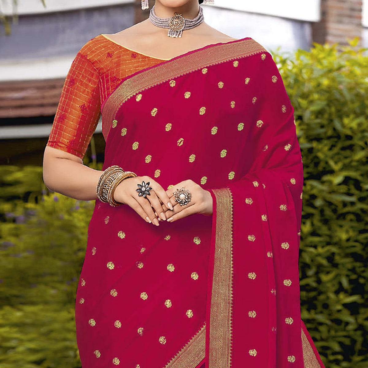 Pink Festive Wear Woven Chiffon Saree - Peachmode