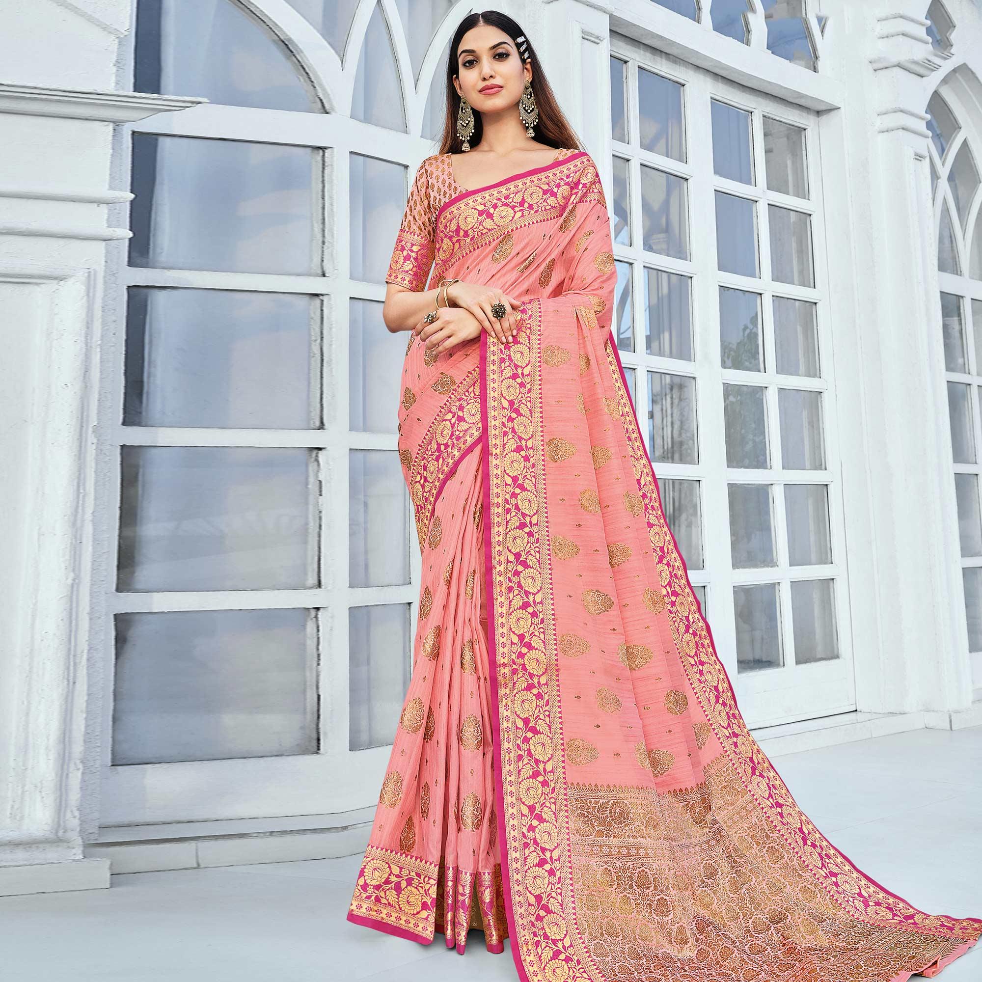 Pink Festive Wear Woven Cotton Handloom Saree - Peachmode