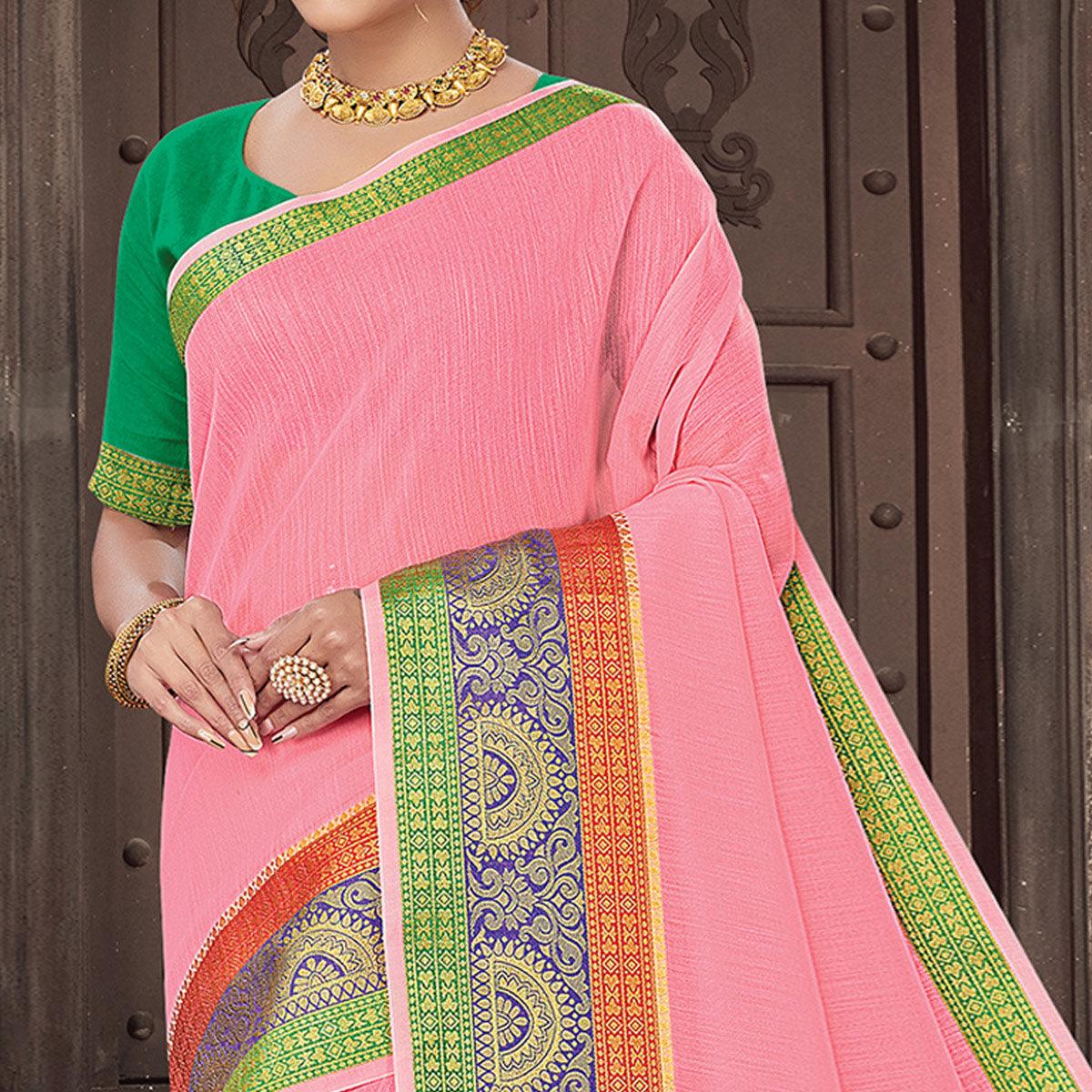 Pink Festive Wear Woven Cotton Handloom Saree - Peachmode