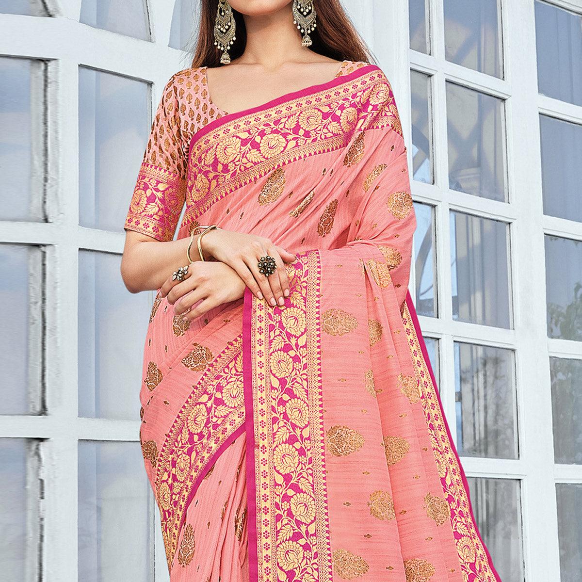Pink Festive Wear Woven Cotton Handloom Saree - Peachmode