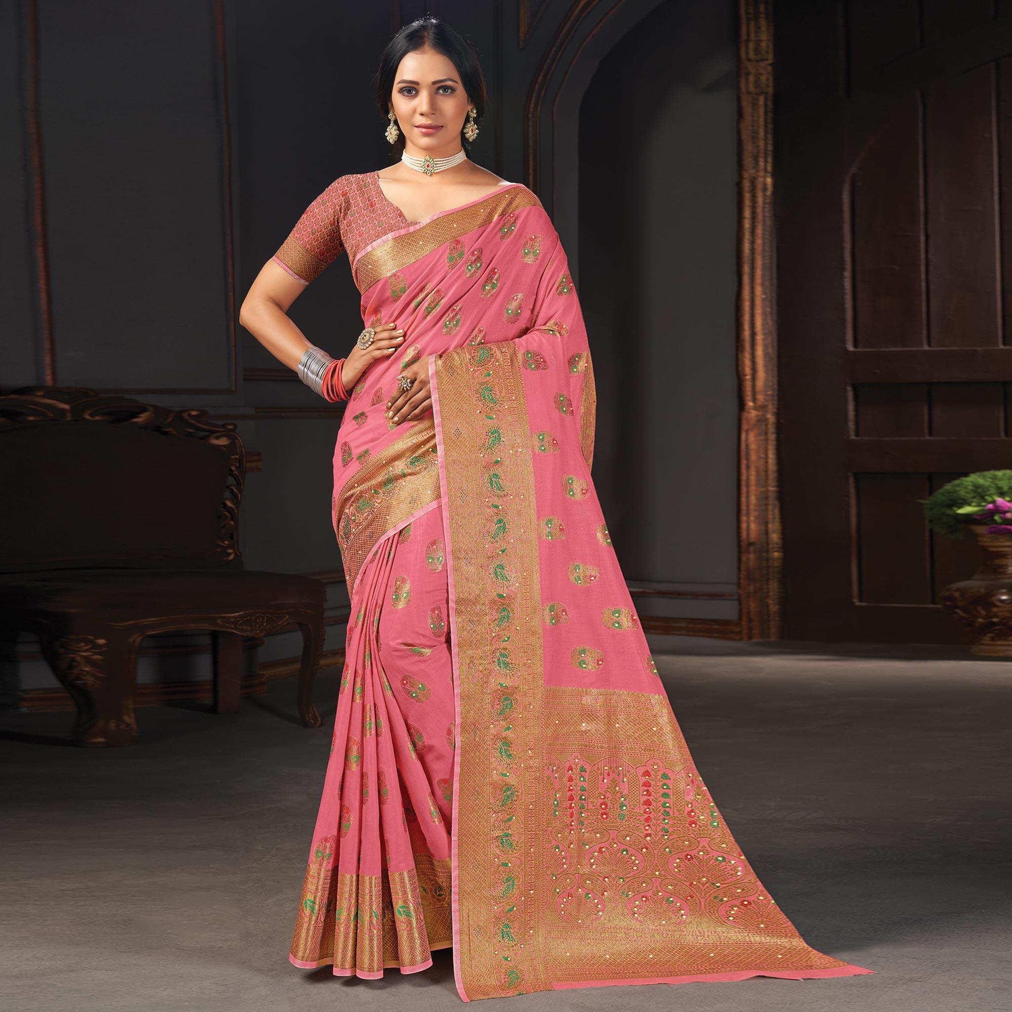 Pink Festive Wear Woven Cotton Saree - Peachmode