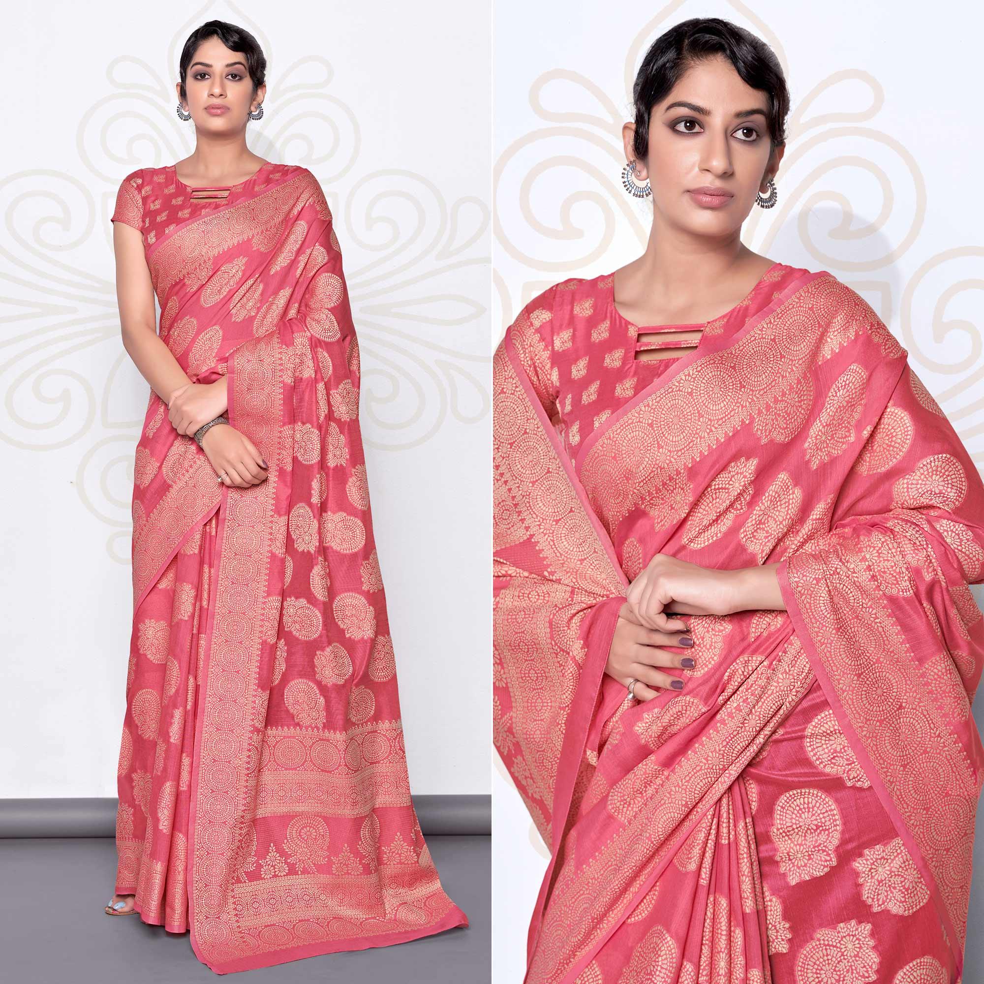 Pink Festive Wear Woven Cotton Saree - Peachmode