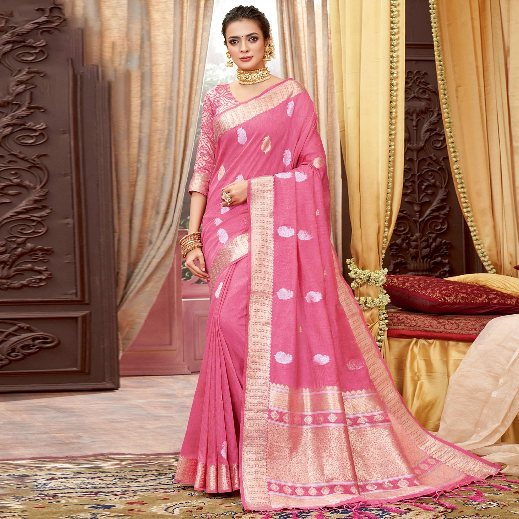 Pink Festive Wear Woven Cotton Saree - Peachmode