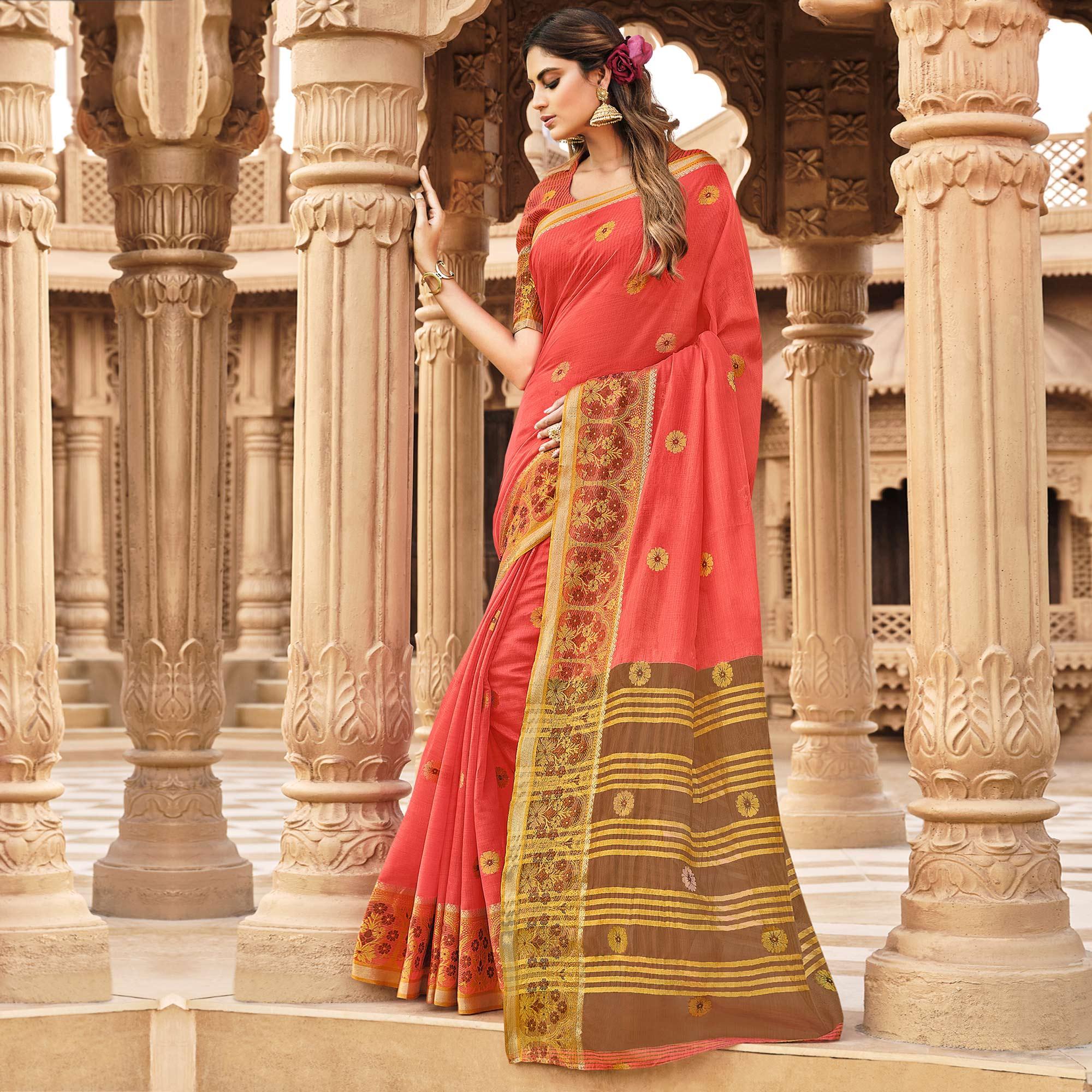 Pink Festive Wear Woven Cotton Saree - Peachmode