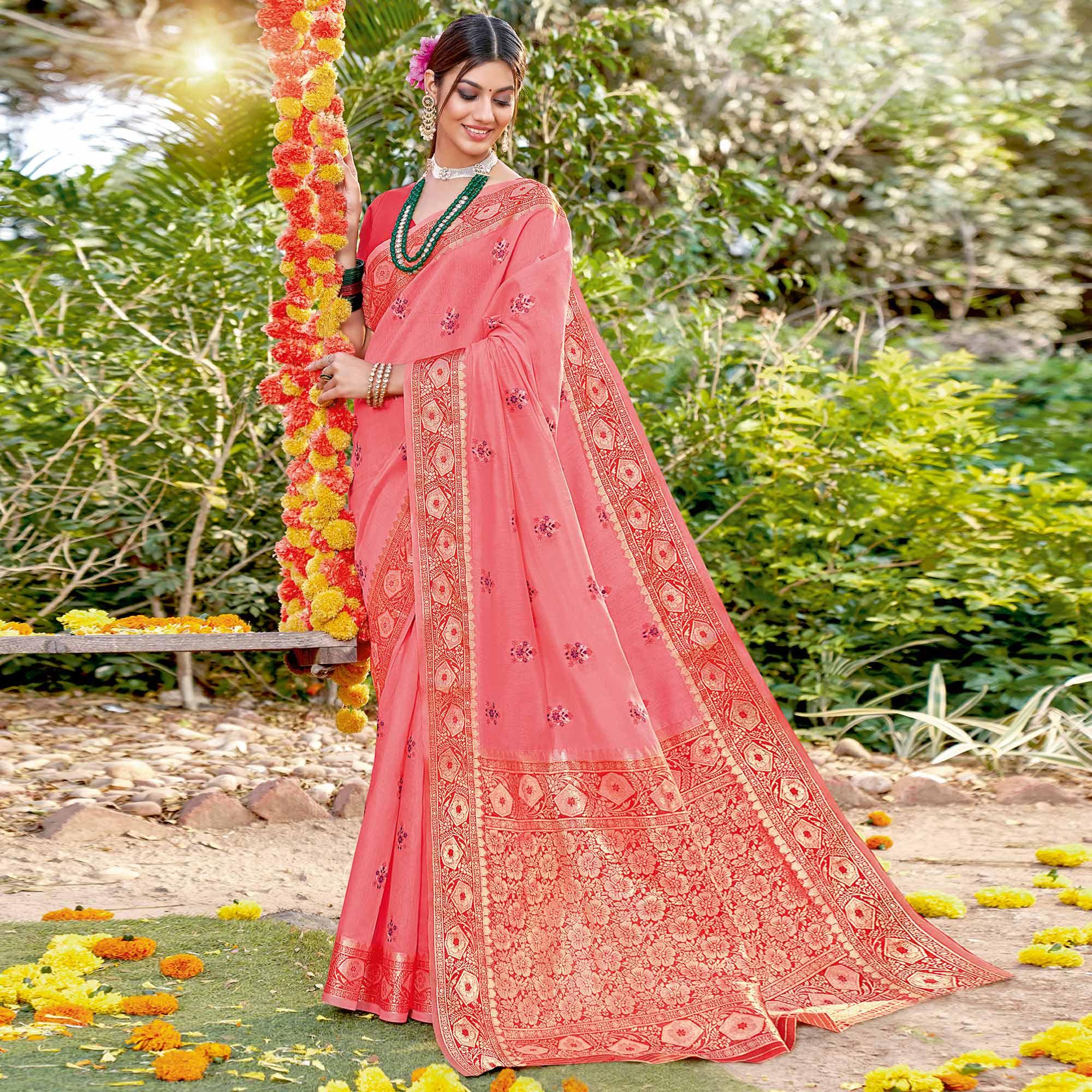 Pink Festive Wear Woven Cotton Saree - Peachmode