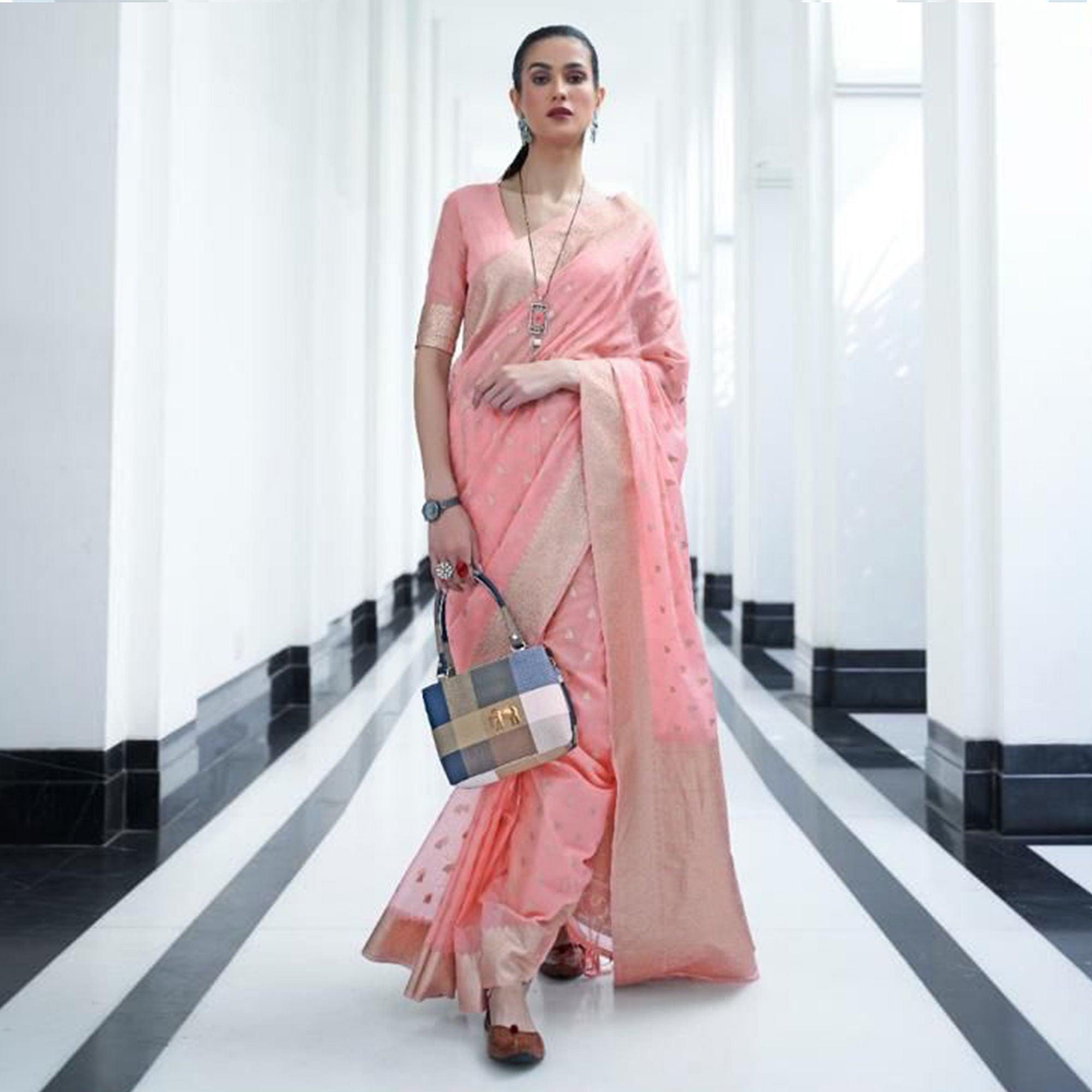 Pink Festive Wear Woven Cotton Saree - Peachmode