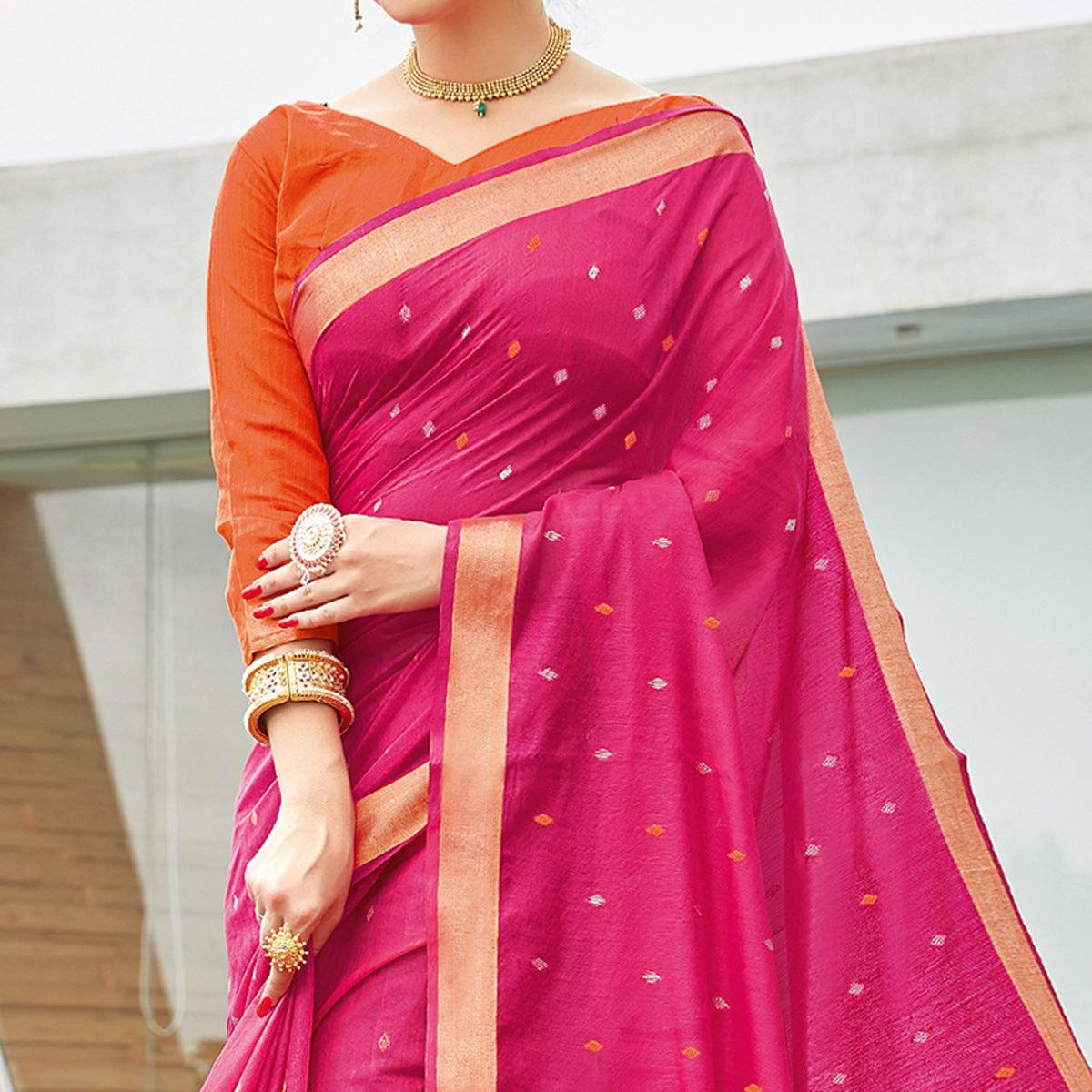 Pink Festive Wear Woven Cotton Saree - Peachmode