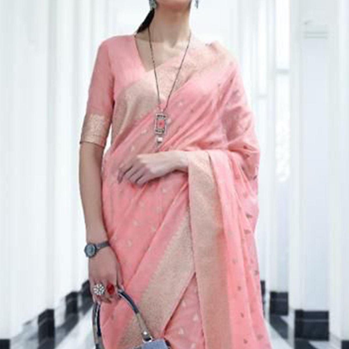 Pink Festive Wear Woven Cotton Saree - Peachmode
