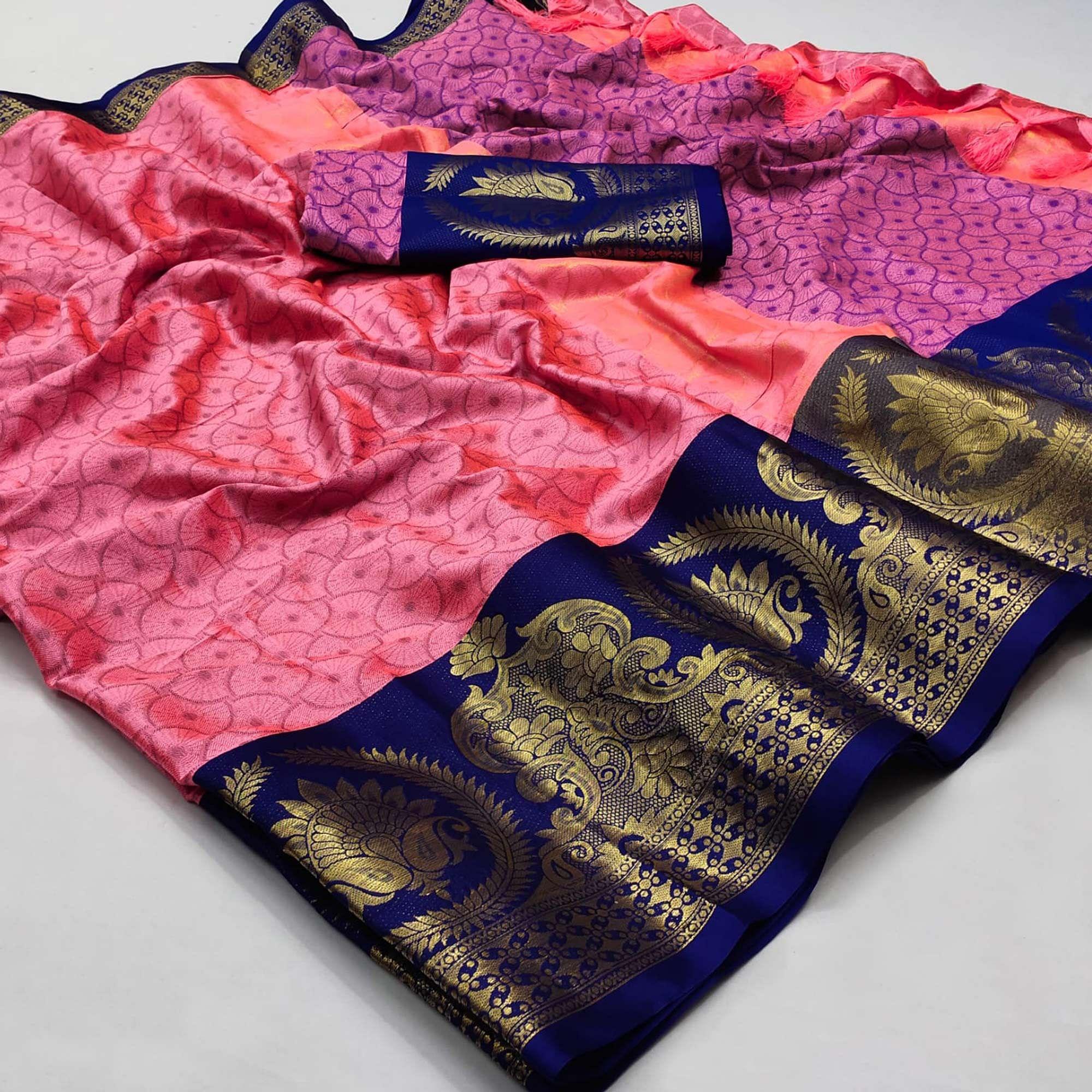 Pink Festive Wear Woven Cotton Saree - Peachmode