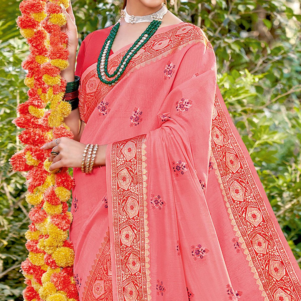 Pink Festive Wear Woven Cotton Saree - Peachmode