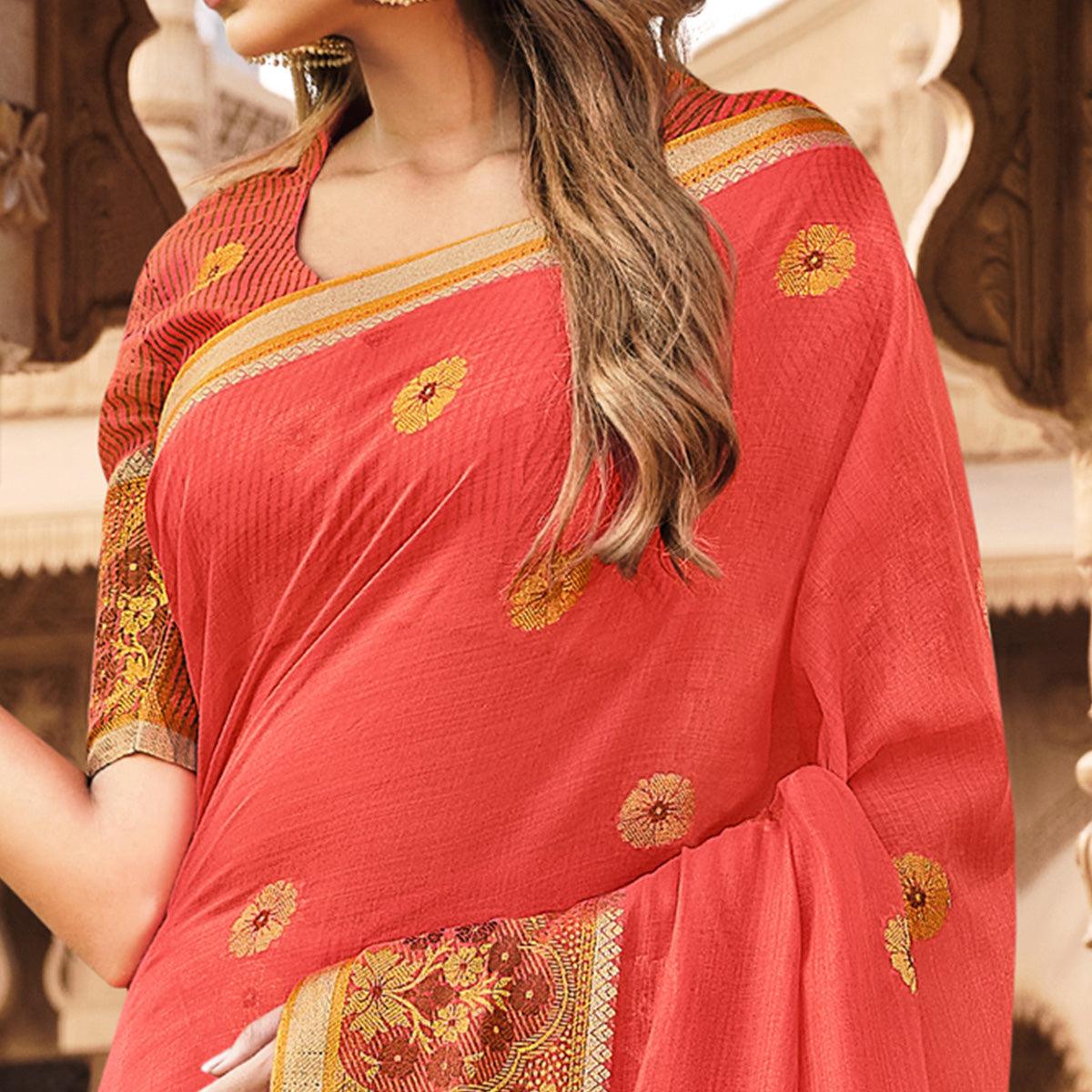 Pink Festive Wear Woven Cotton Saree - Peachmode