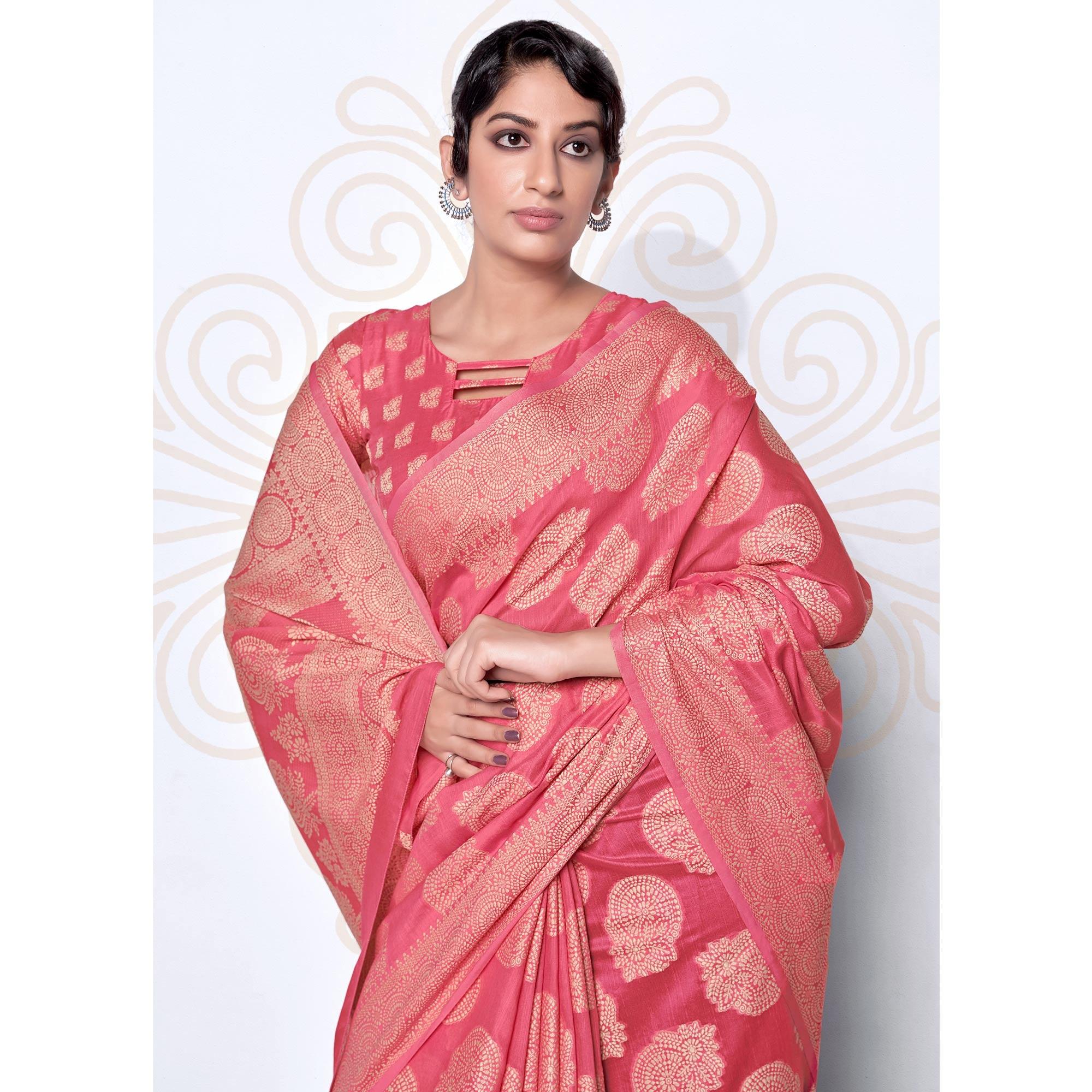 Pink Festive Wear Woven Cotton Saree - Peachmode