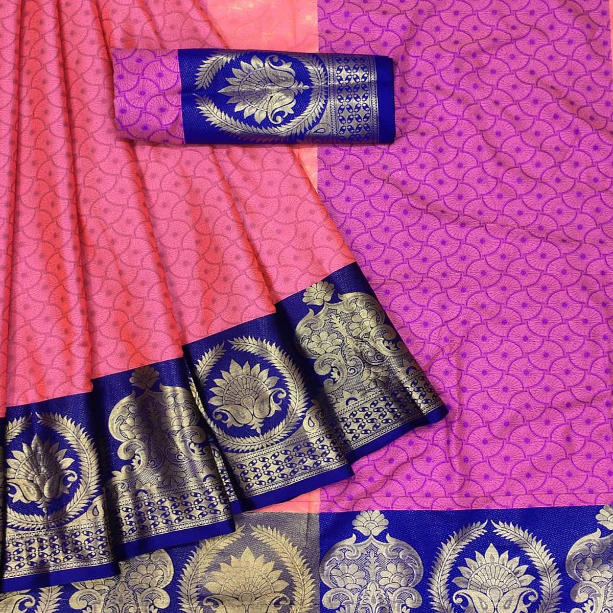 Pink Festive Wear Woven Cotton Saree - Peachmode