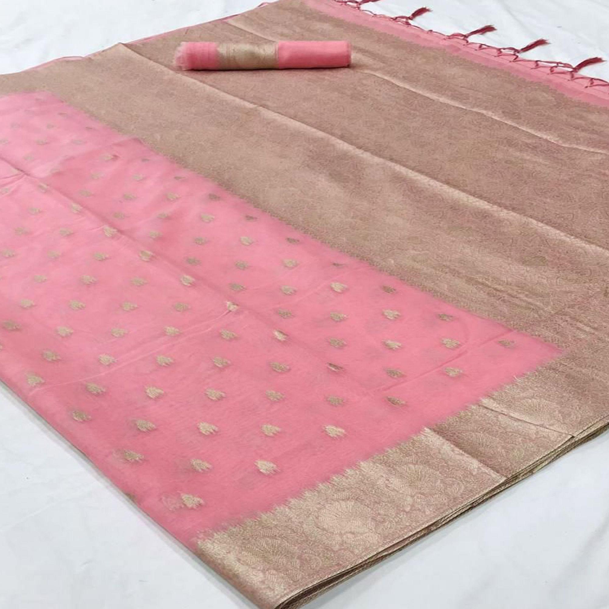 Pink Festive Wear Woven Cotton Saree - Peachmode