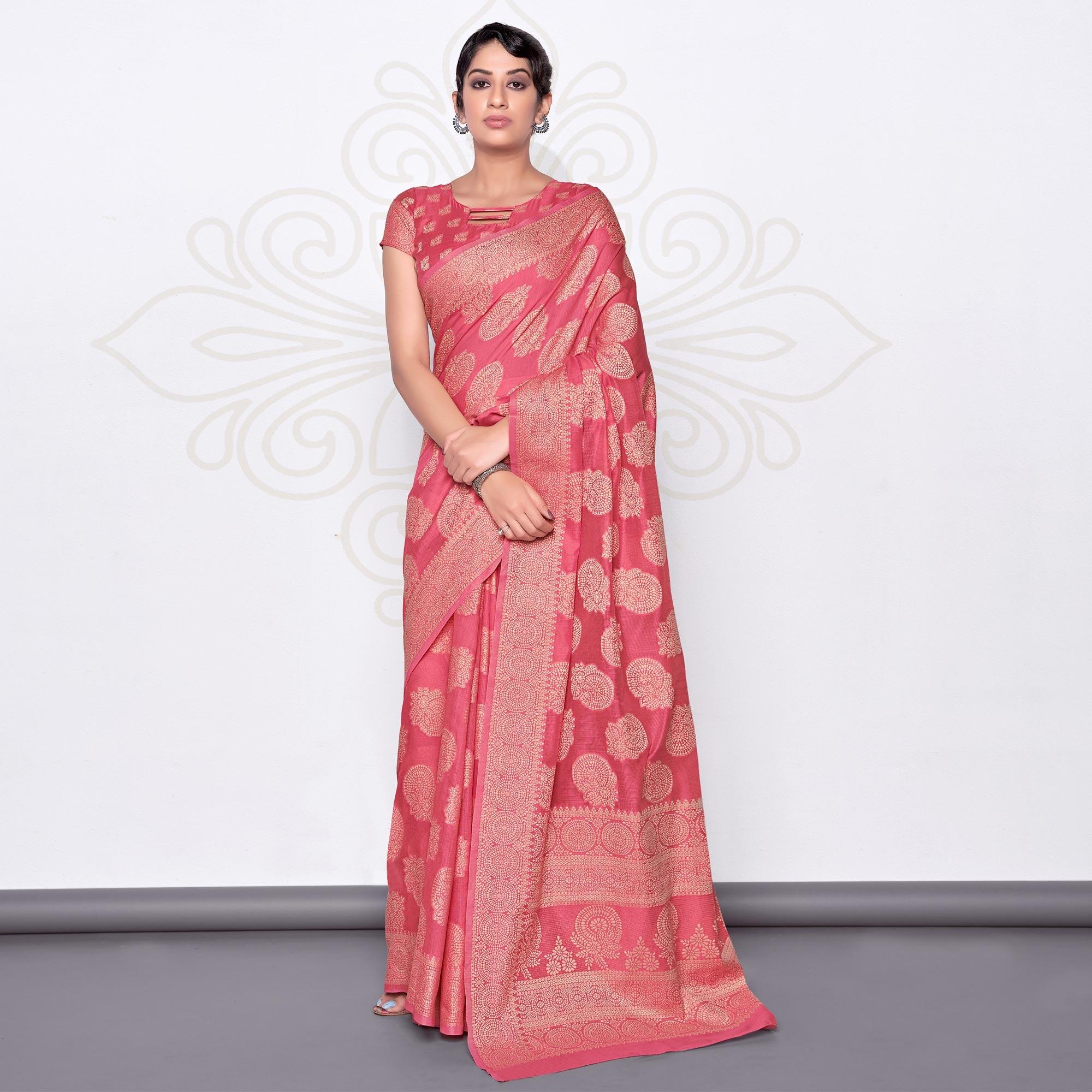 Pink Festive Wear Woven Cotton Saree - Peachmode