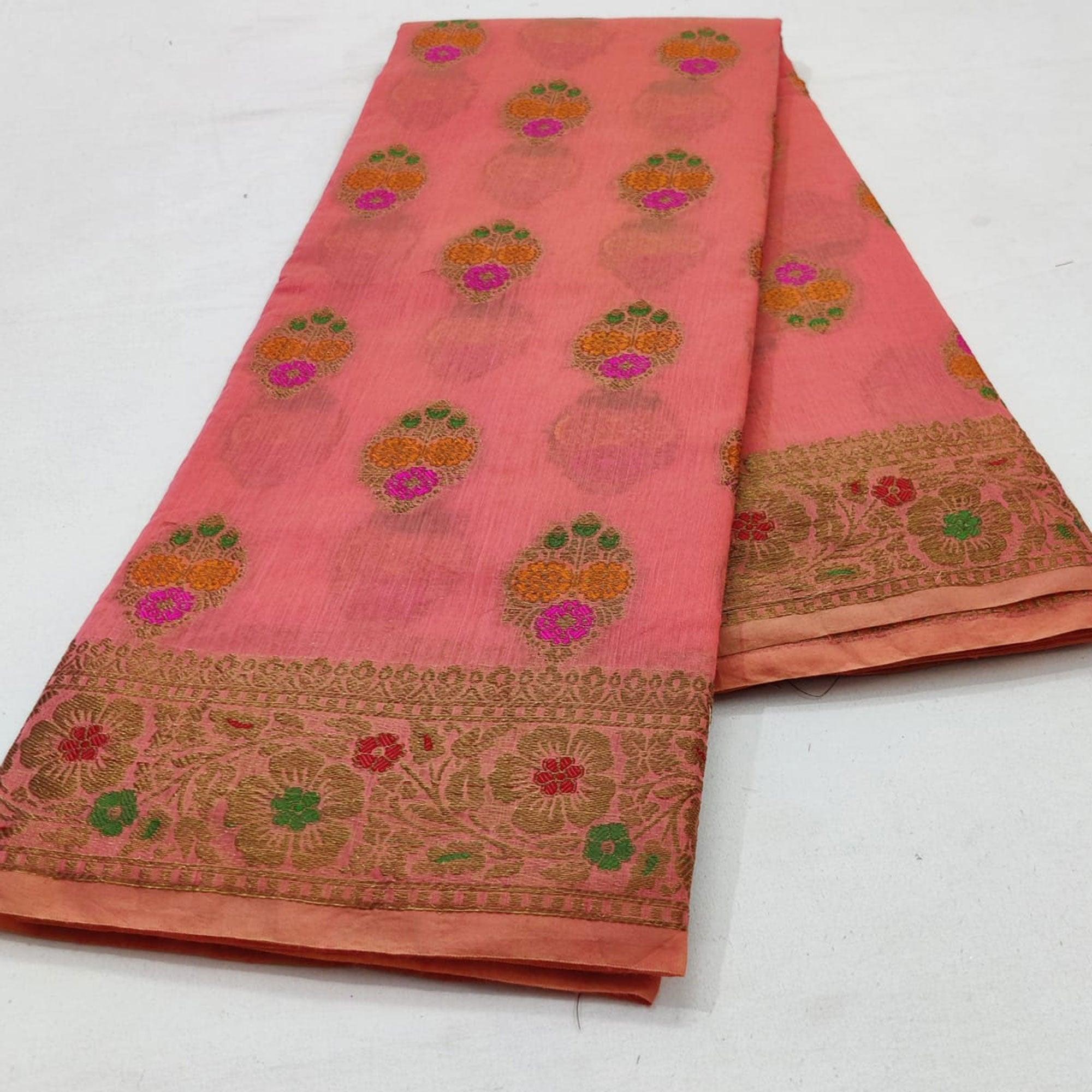 Pink Festive Wear Woven Cotton Saree With Meena Butta Pallu - Peachmode